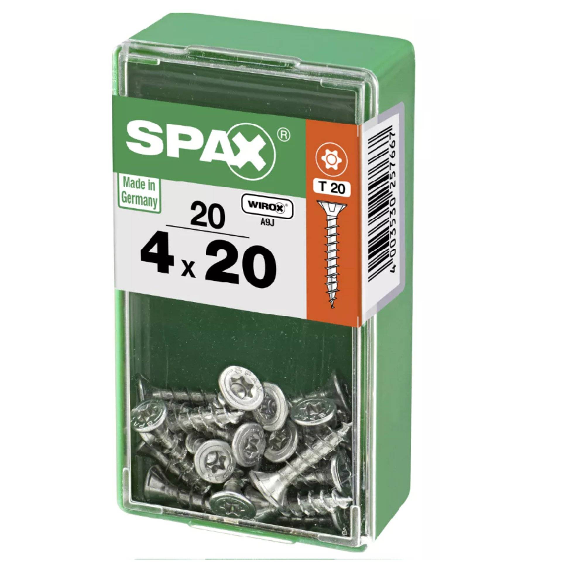 Eine grüne Schachtel SPAX-Schrauben mit der Bezeichnung „4 x 20