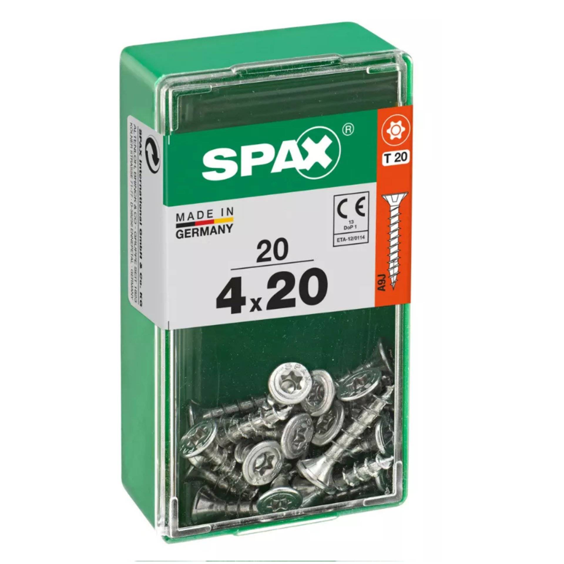 Karton mit SPAX-Schrauben, 4x20mm, Made in Germany. Enthält T20-Schrauben mit CE-Zertifizierung. Grüne Verpackung mit transparenter Vorderseite.