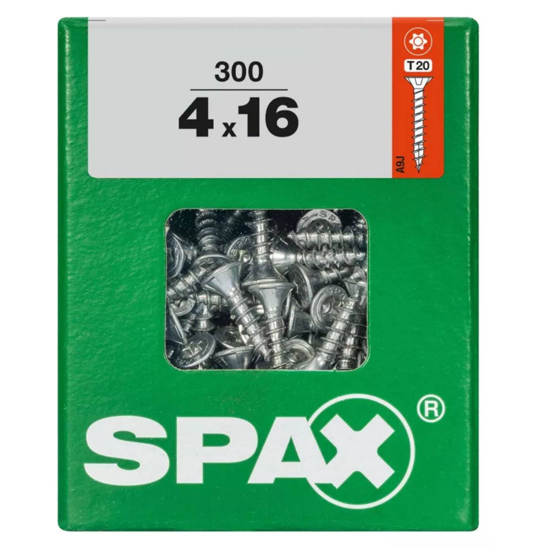 Eine grüne Schachtel mit SPAX-Schrauben enthält 300 Schrauben, Größe 4x16, mit einem sichtbaren Schraubensymbol mit der Bezeichnung T20 in der oberen rechten Ecke.