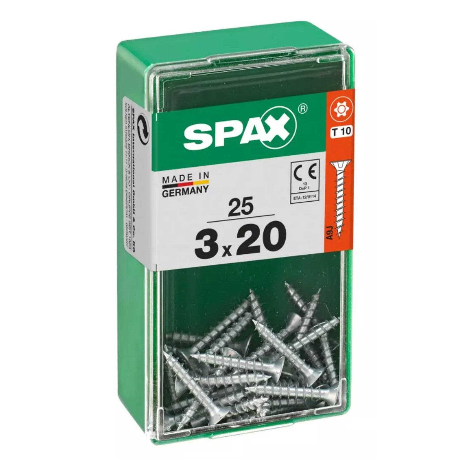 Eine grüne Schraubenschachtel mit der Aufschrift „SPAX, Made in Germany, 25 Stück, 3x20