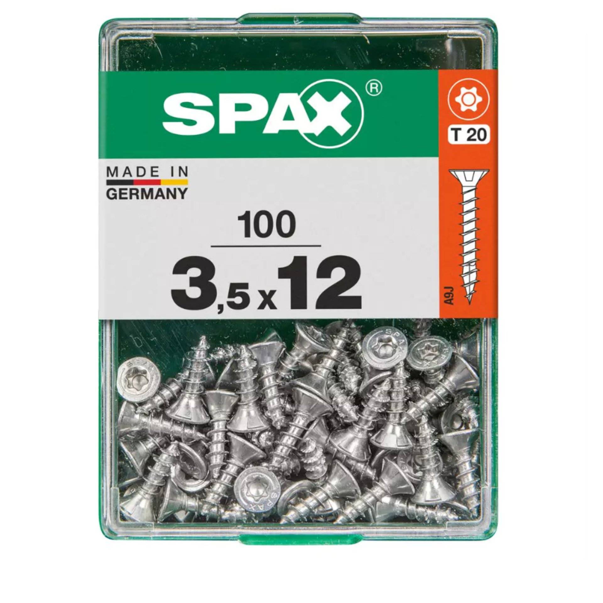 Eine Packung mit 100 SPAX-Schrauben, Größe 3,5x12 mm, gekennzeichnet mit „Made in Germany