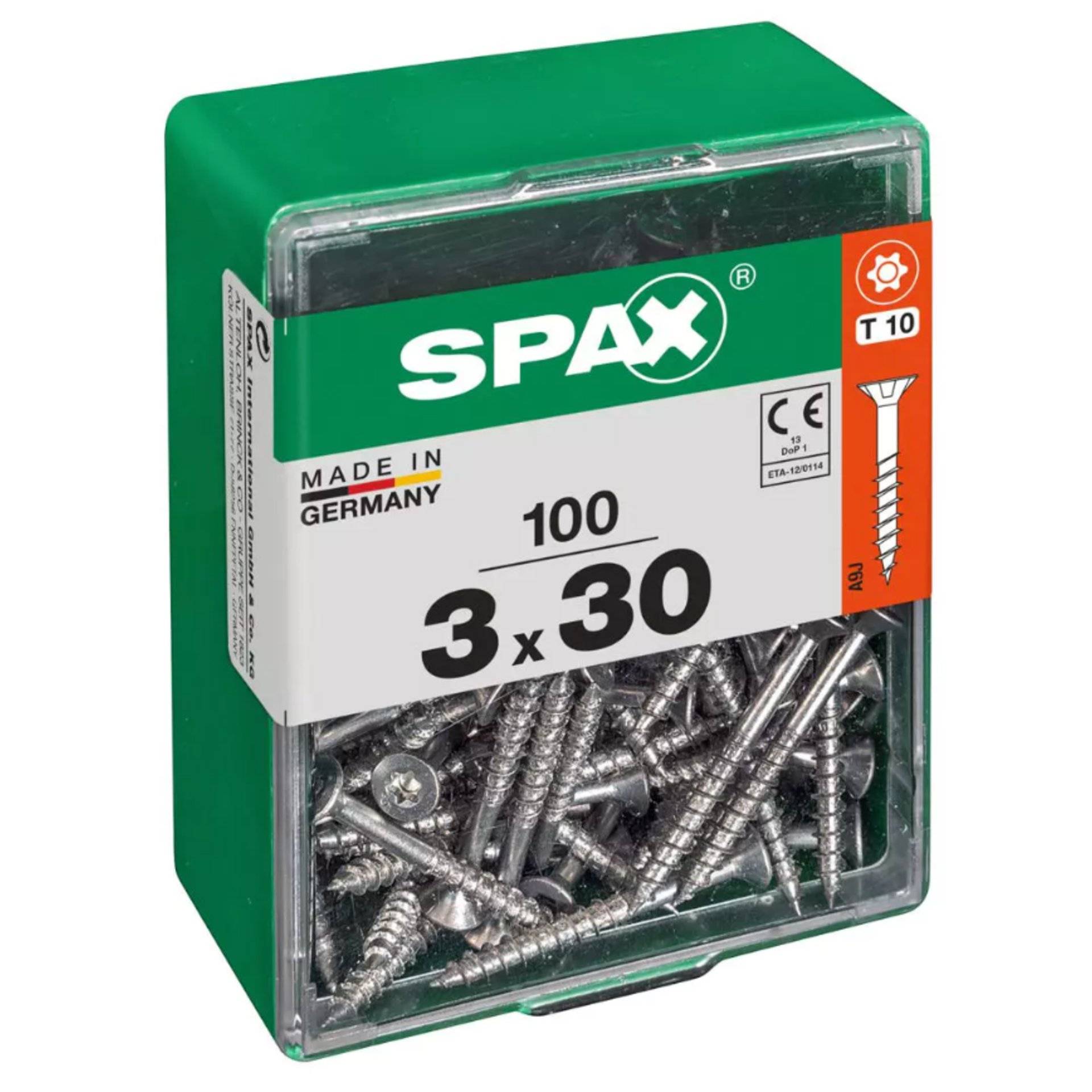 Eine Schachtel mit 100 Spax-Schrauben, Größe 3x30mm, hergestellt in Deutschland, mit einem grünen Behälter und einem Etikett mit einem Bild der Schraube.