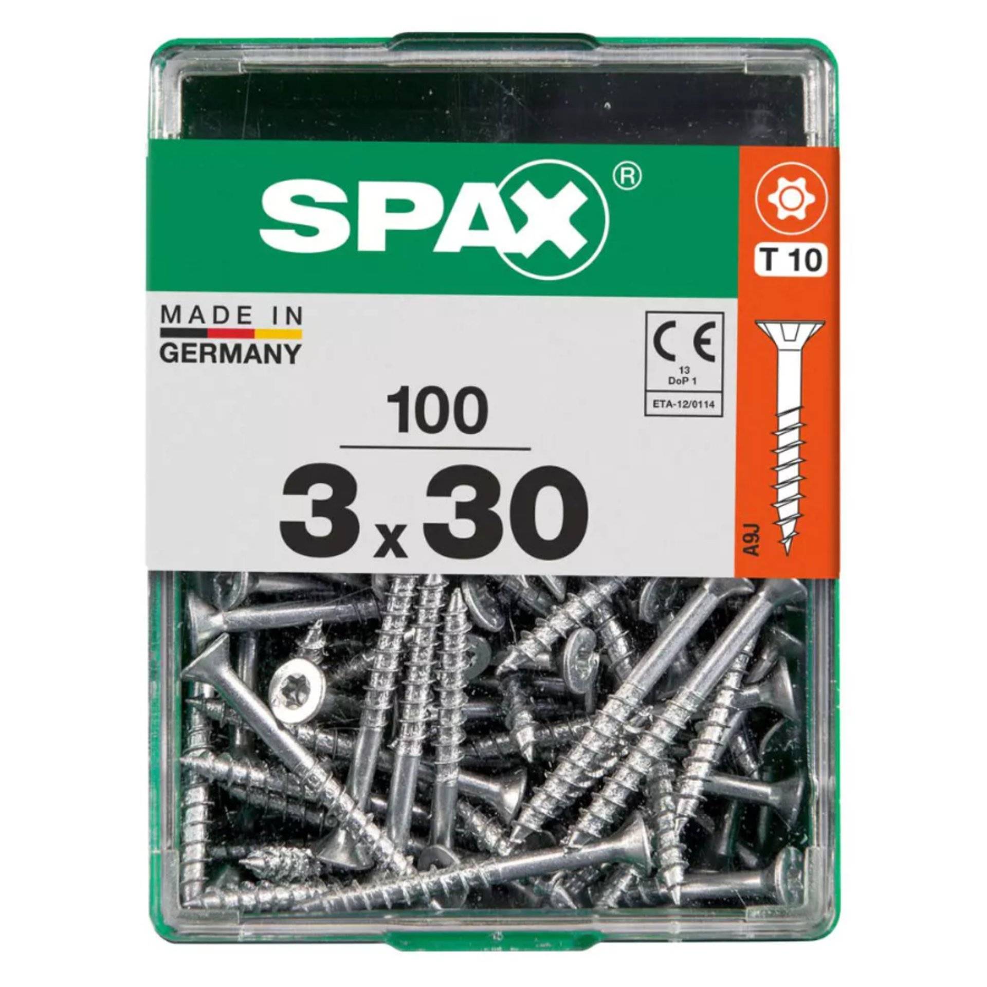 Box mit 100 SPAX-Schrauben, Größe 3 x 30 mm, T10, Made in Germany. CE-gekennzeichnet mit einer Darstellung, die Schraubenabmessungen und Kopftyp zeigt.