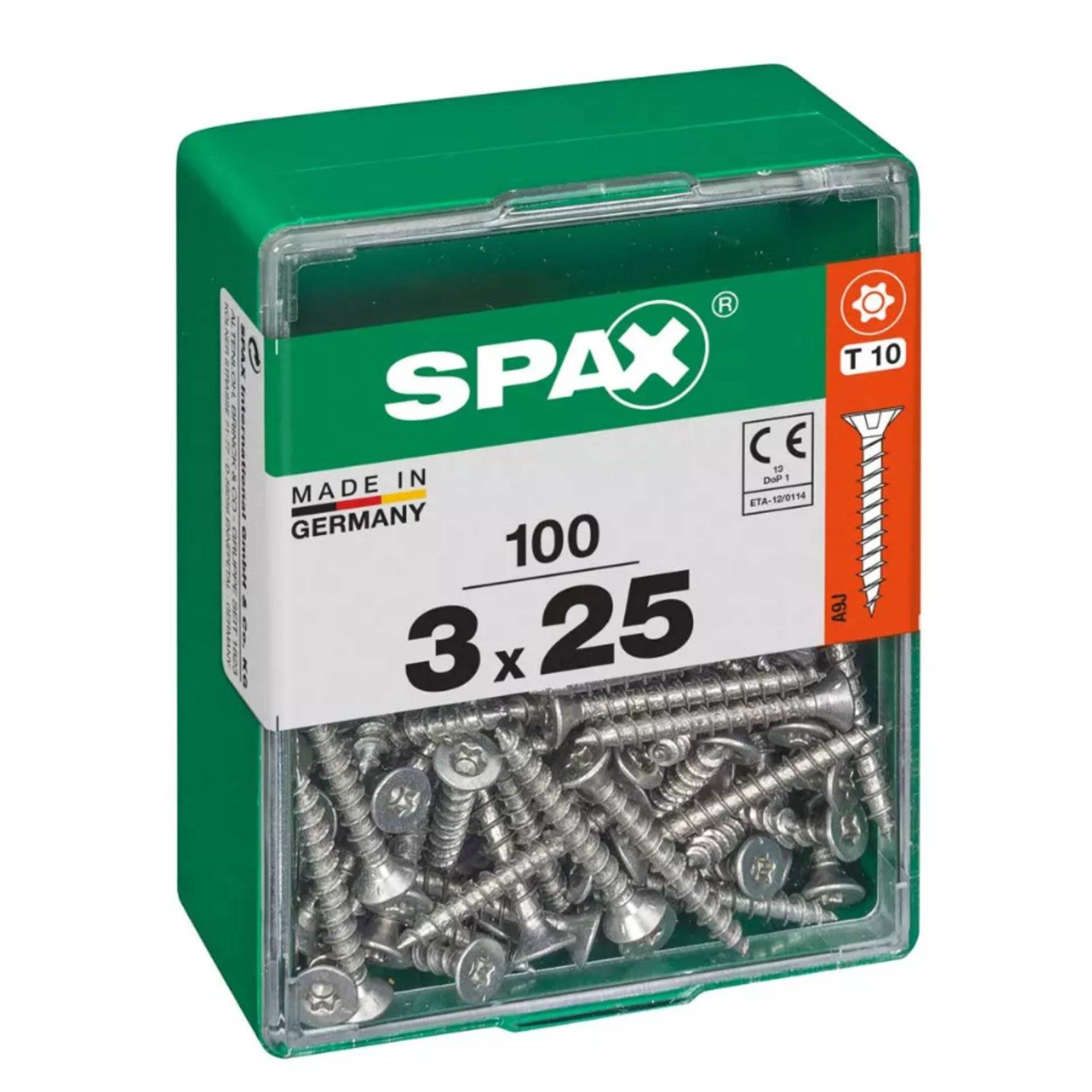 Eine Schachtel mit 100 Edelstahlschrauben mit der Bezeichnung „SPAX 3x25