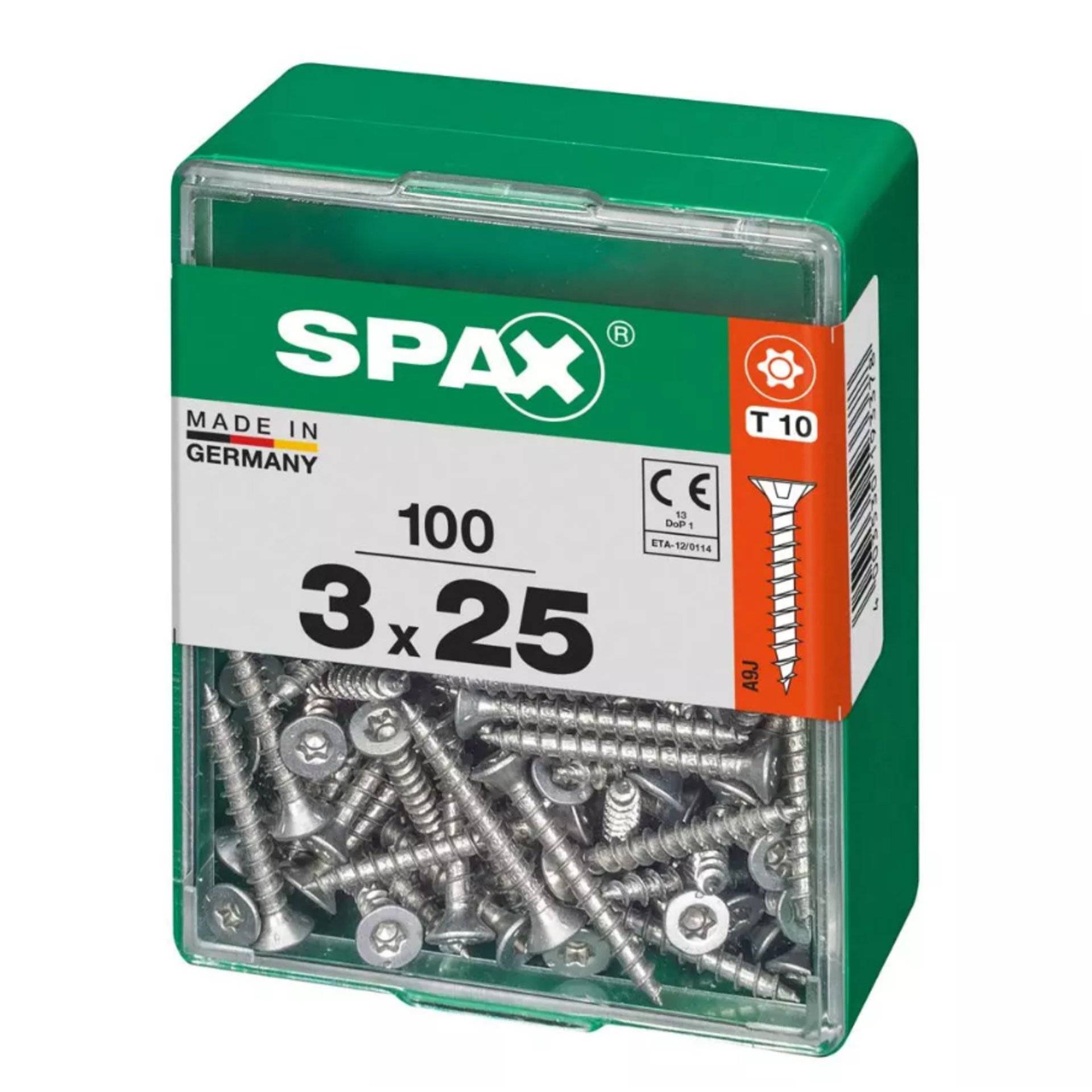 Karton mit 100 SPAX-Schrauben, Größe 3x25 mm, T10, Made in Germany, verpackt in einem grünen Behälter mit transparentem Deckel, der die Schrauben im Inneren zeigt.