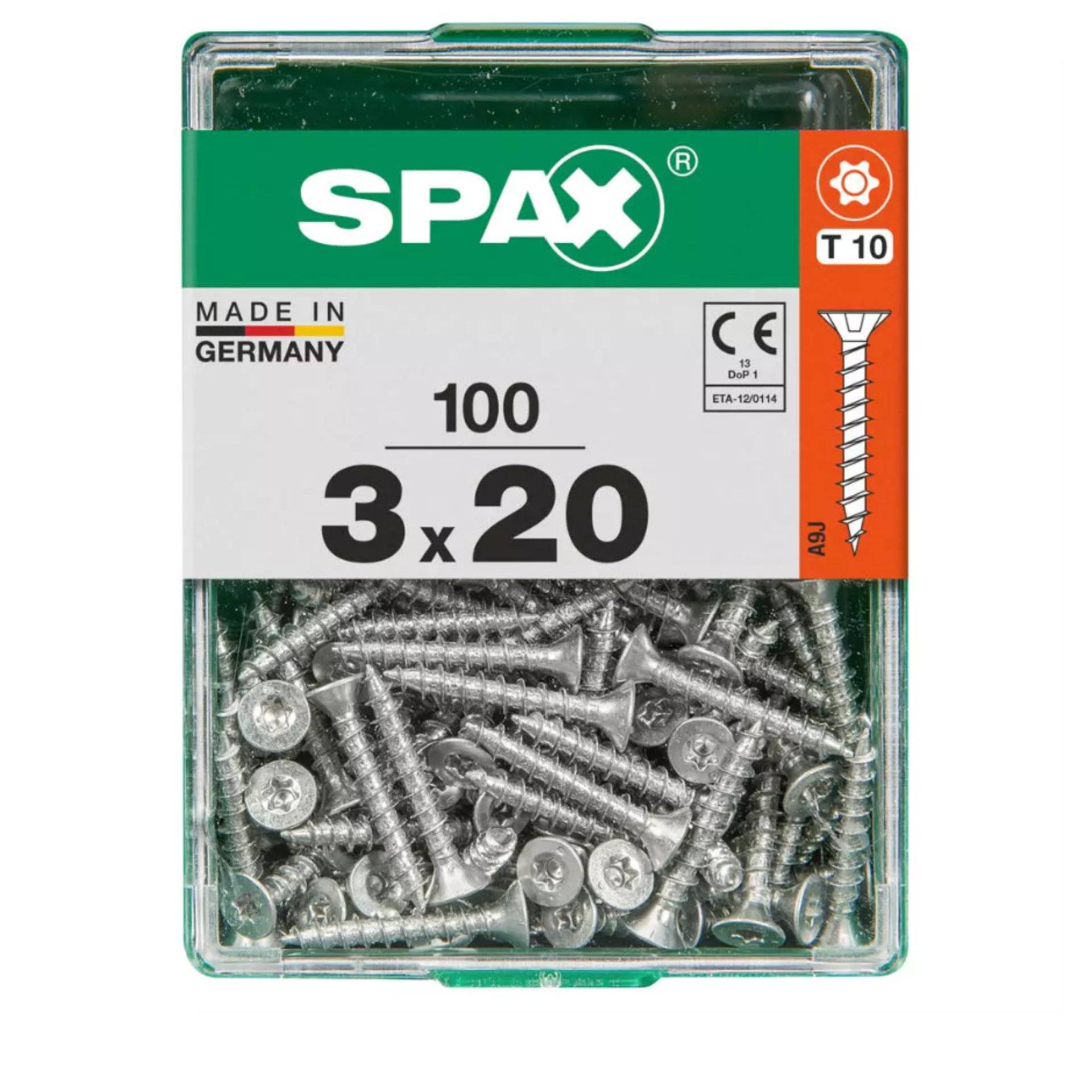 Karton mit 100 SPAX-Schrauben, Größe 3x20 mm, beschriftet mit „Made in Germany