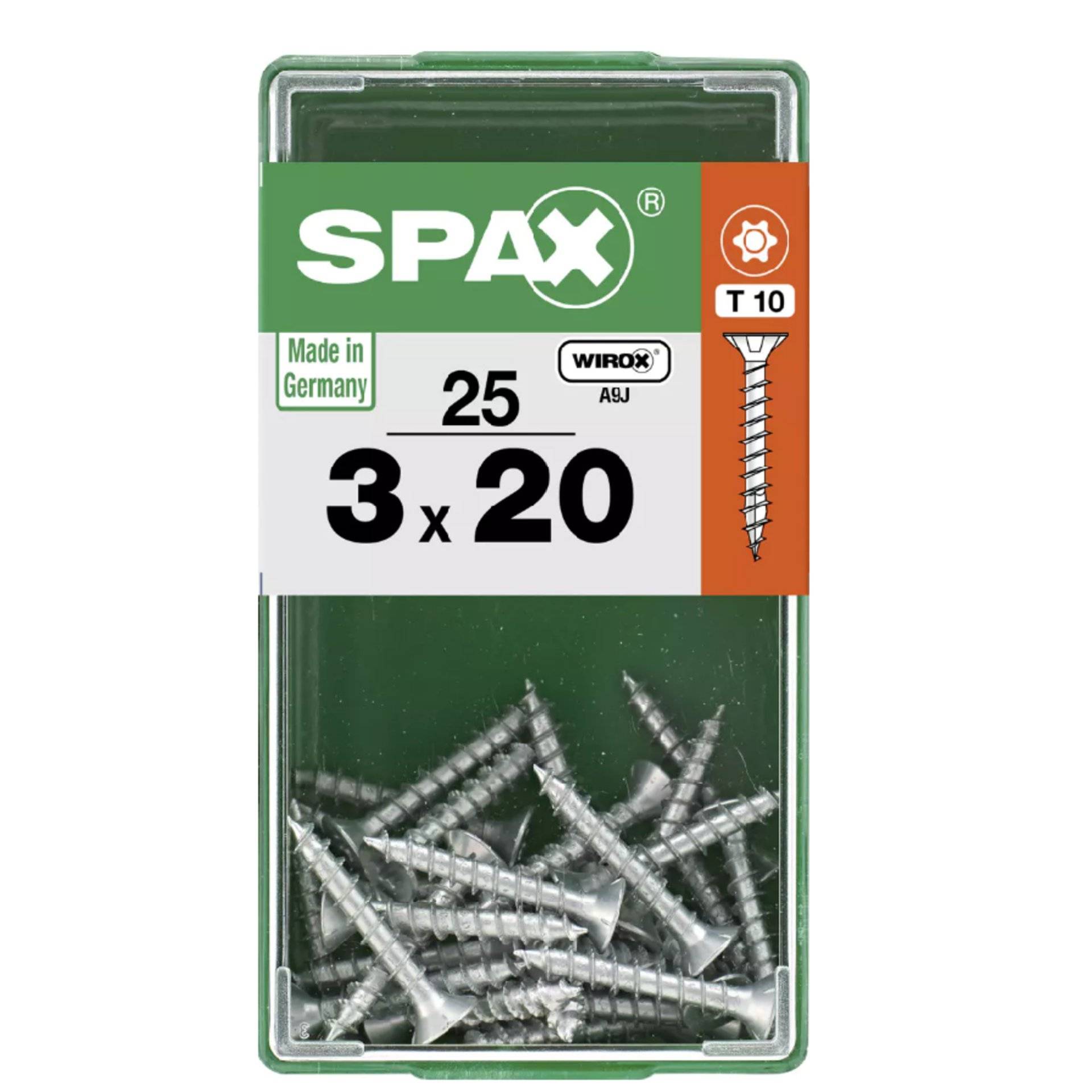 Schachtel mit SPAX-Schrauben, Größe 3x20mm, 25 Stück, gekennzeichnet mit „Made in Germany