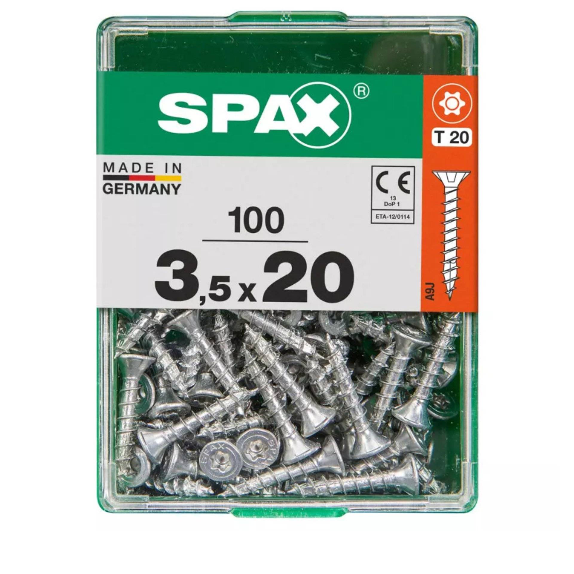 Schachtel mit SPAX-Schrauben, Größe 3,5 x 20 mm, mit der Aufschrift „Made in Germany