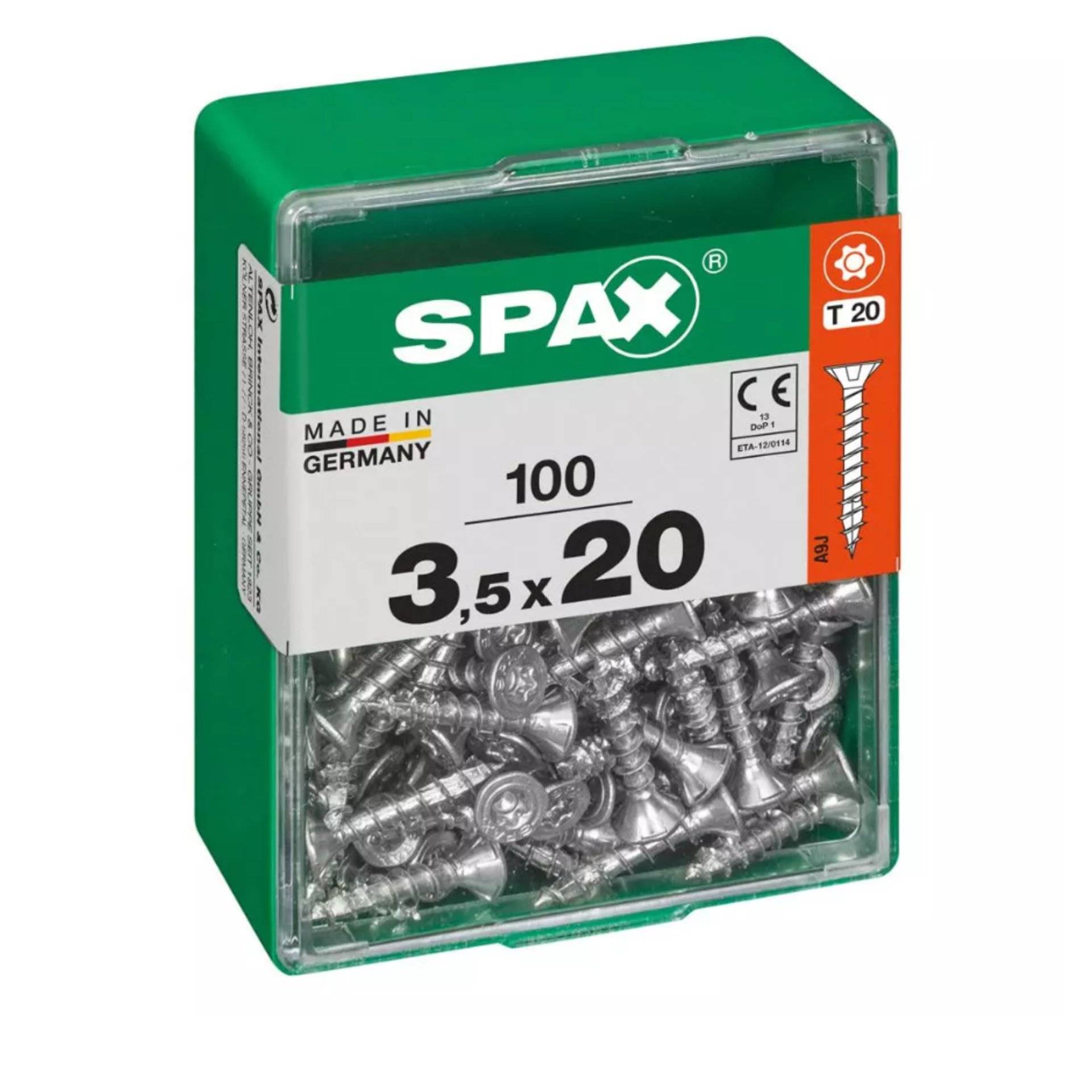 Eine grüne Schachtel SPAX-Schrauben aus Deutschland, mit der Bezeichnung „3,5 x 20