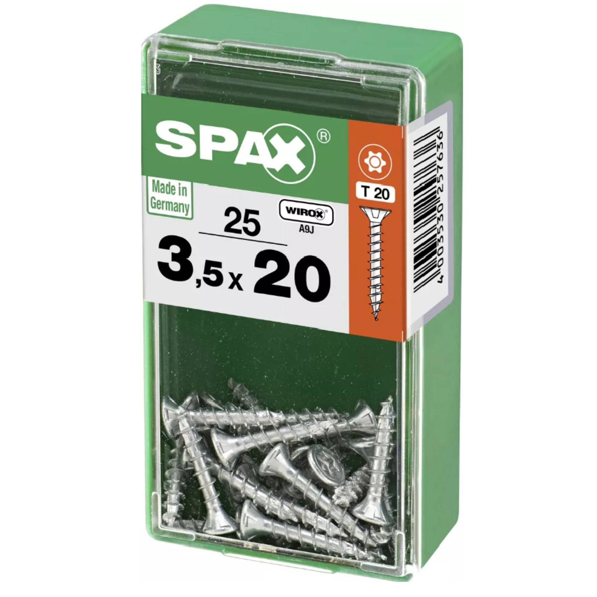 Eine grüne Schachtel SPAX-Schrauben mit der Beschriftung „3,5 x 20