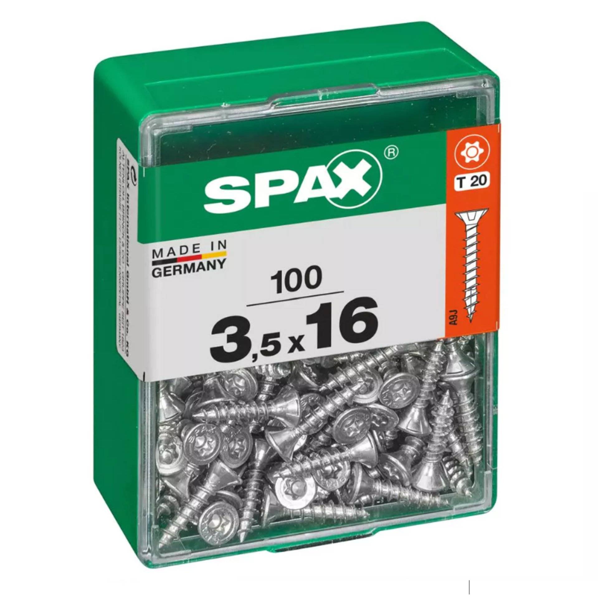 Schachtel mit SPAX-Schrauben mit der Bezeichnung '100', Größe '3.5 x 16', 'Made in Germany'.