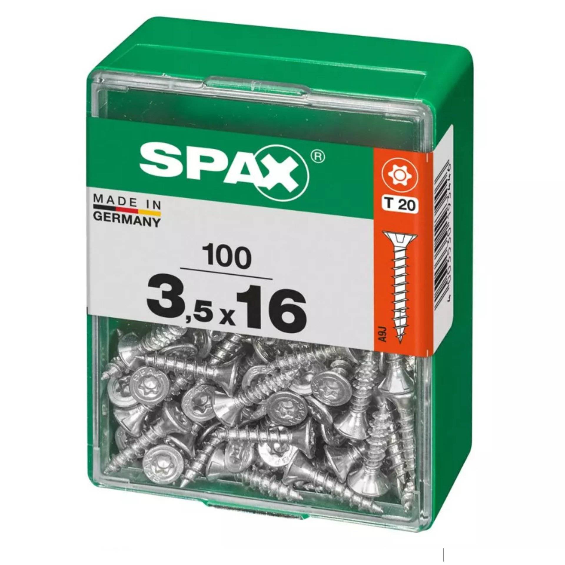 Eine grüne Box mit SPAX-Schrauben, gekennzeichnet mit „Made in Germany