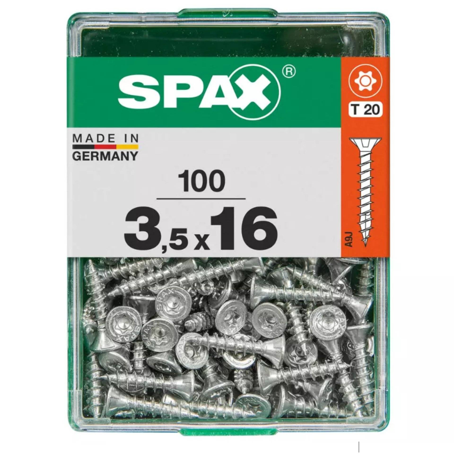 Packung mit 100 Spax-Schrauben, Größe 3,5 x 16 mm, mit T20-Kopf, Made in Germany.