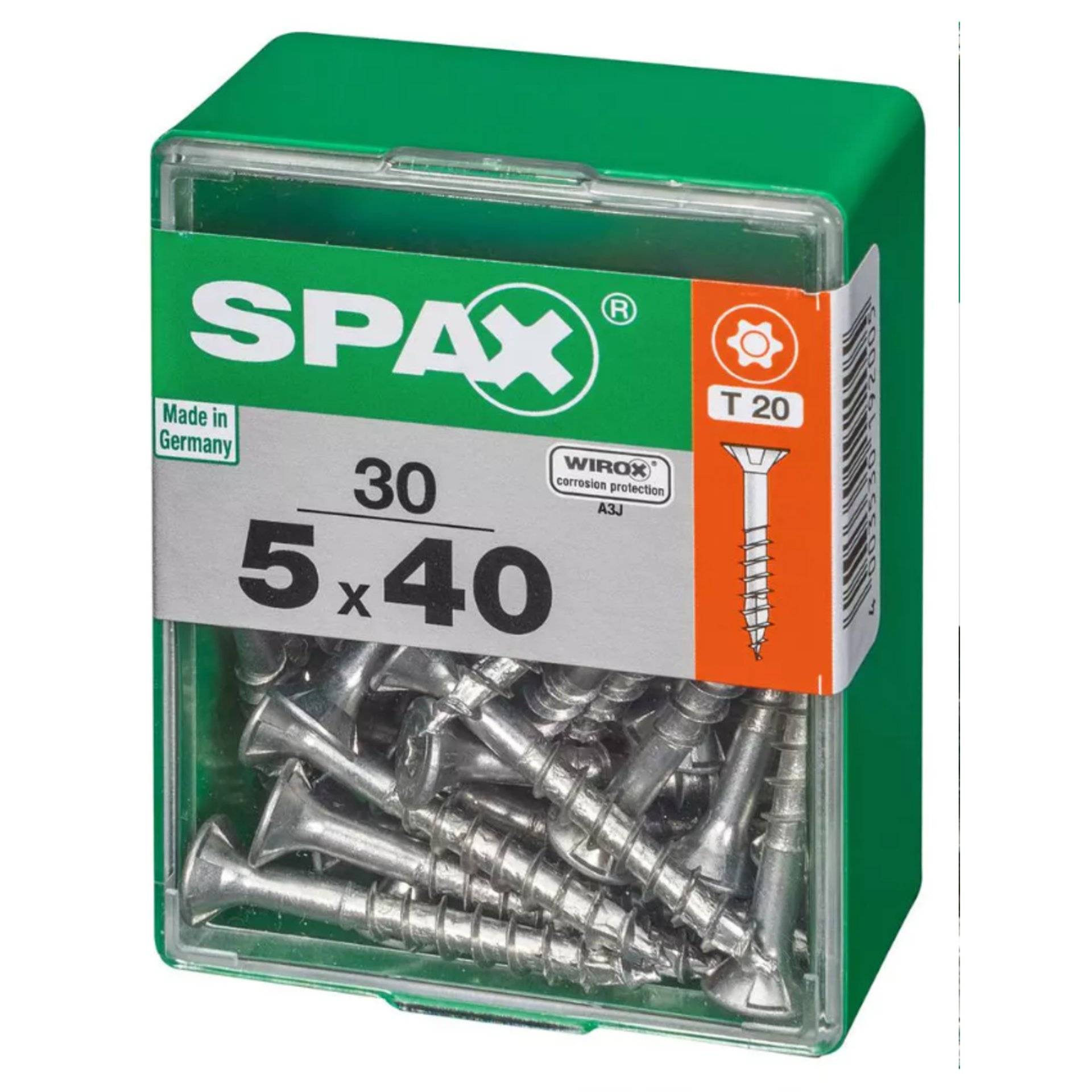 Eine grüne Schachtel SPAX-Schrauben mit der Bezeichnung „5 x 40 mm