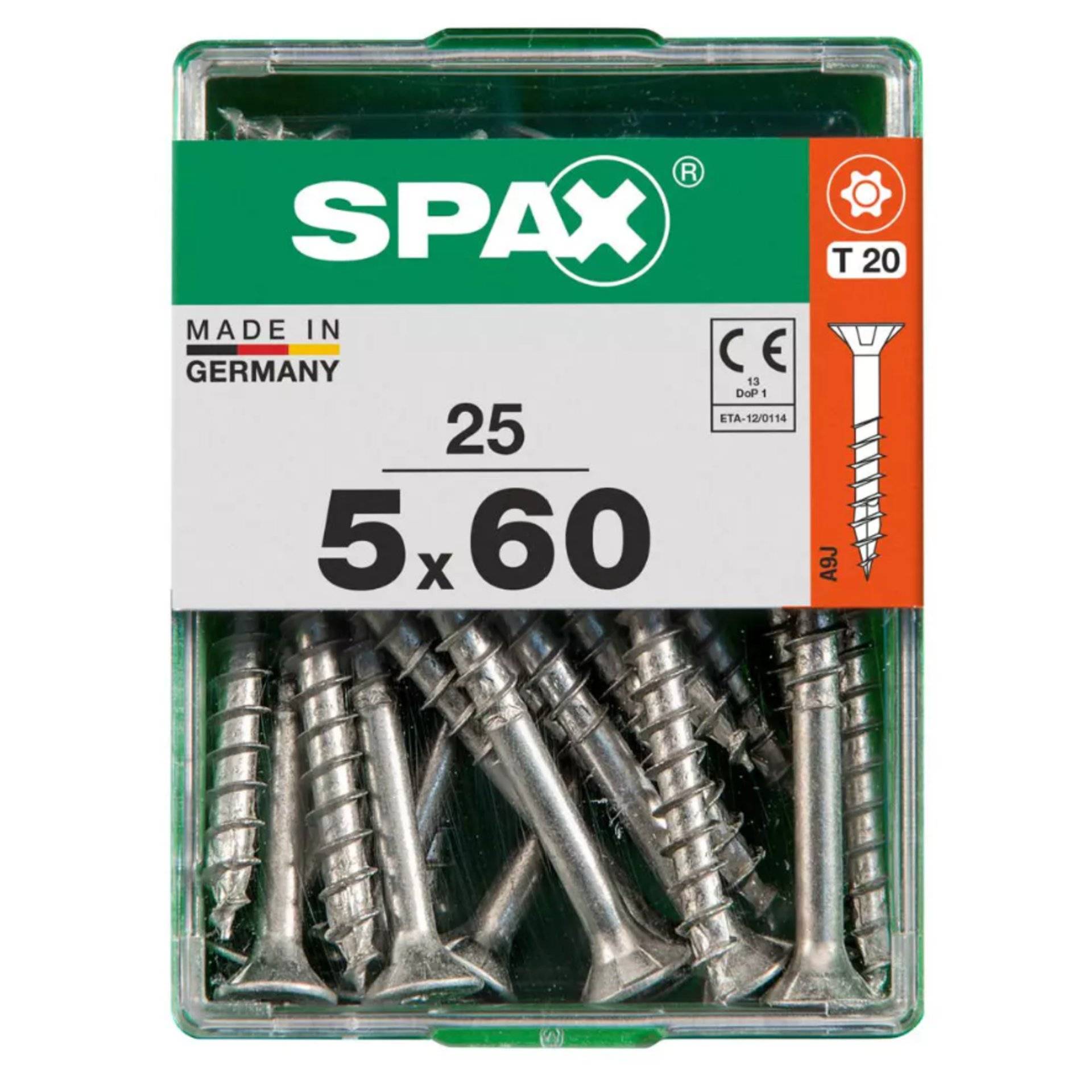 SPAX' Schraubenbox mit Beschriftung 'Made in Germany'. Enthält 25 Schrauben, Größe 5x60, mit CE-Kennzeichen und T20 Stern-Antrieb auf der Verpackung dargestellt.