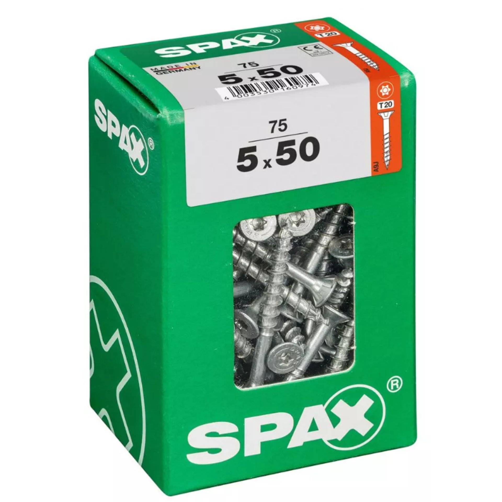 Eine grüne Schachtel mit der Aufschrift „SPAX 5 x 50