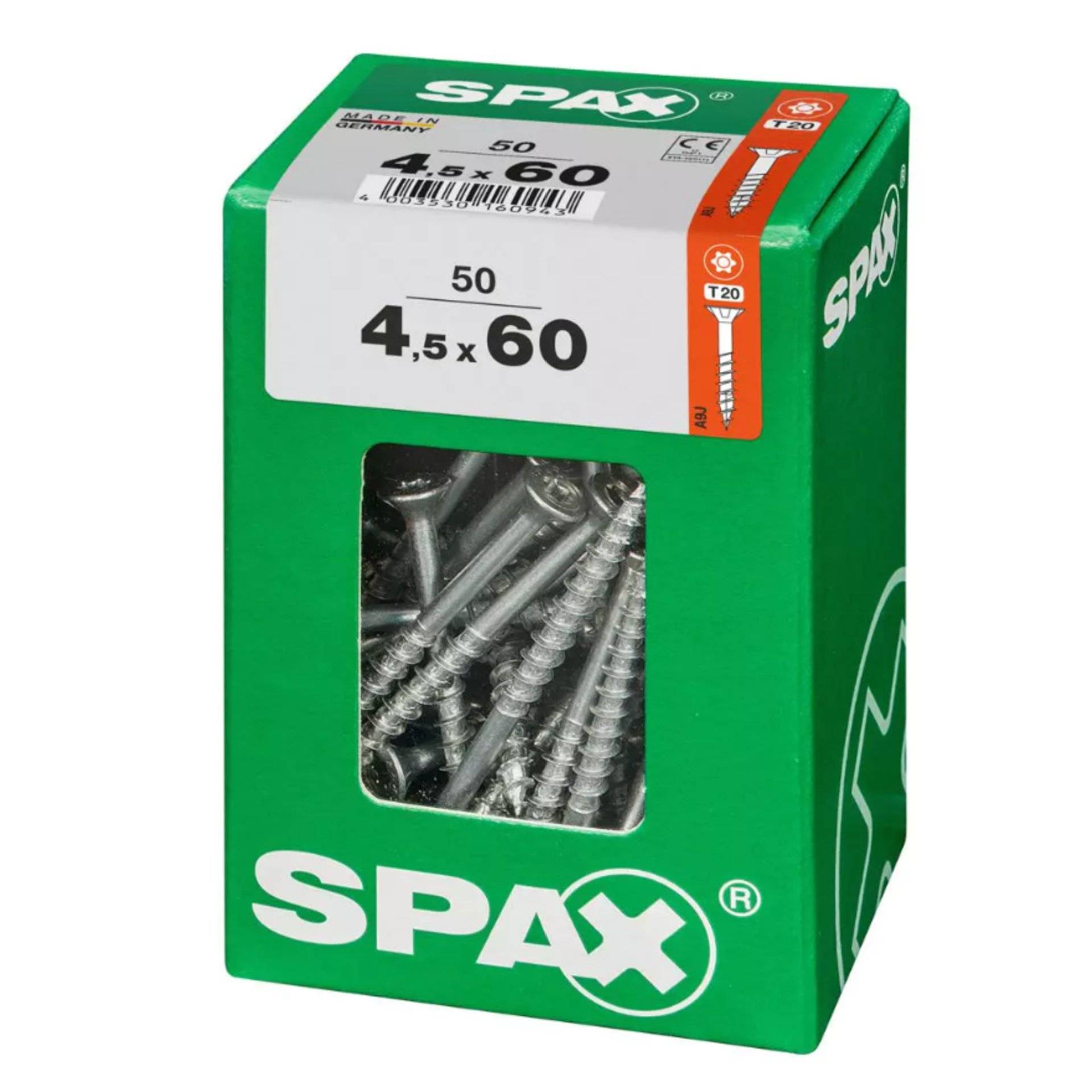 Grüne SPAX-Schachtel mit Metallschrauben, beschriftet mit „50 4,5 x 60