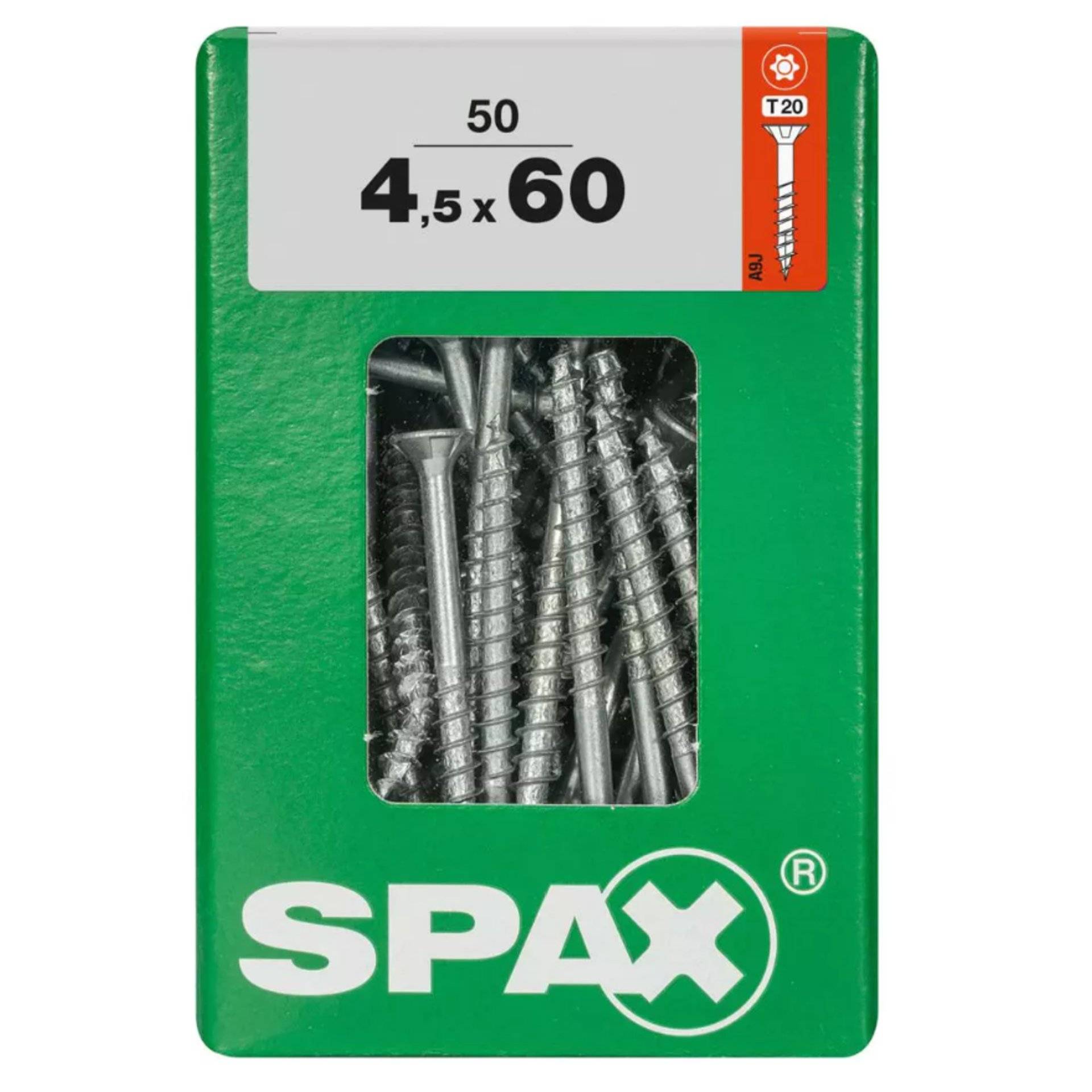 Packung mit 50 SPAX-Schrauben, Größe 4,5 x 60 mm, mit einem Schraubenbild neben einer T20-Markierung in der oberen rechten Ecke.