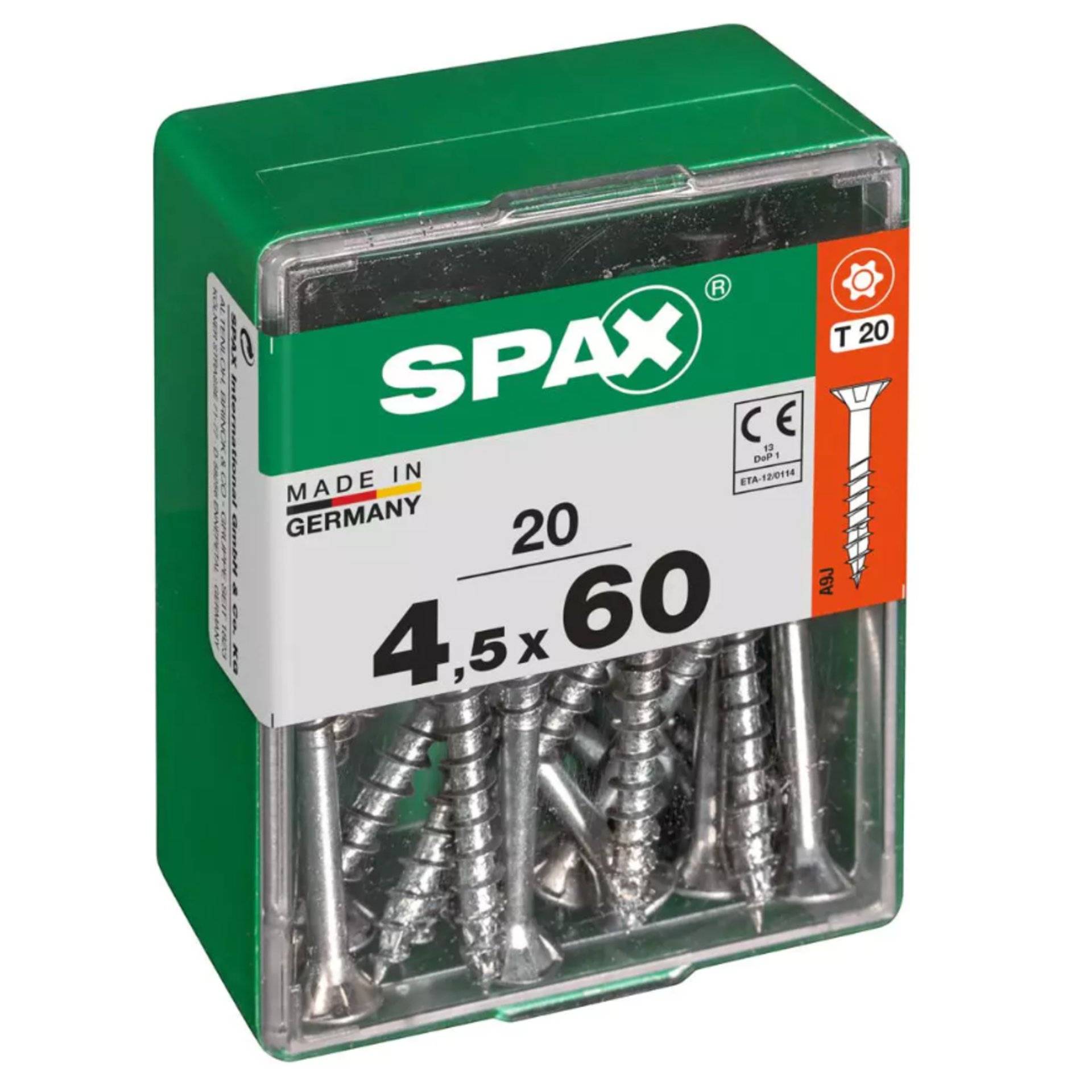 Eine Schachtel SPAX-Schrauben, hergestellt in Deutschland, Typ T 20, Größe 4,5 x 60 mm, enthält 20 Schrauben. Die Schachtel ist überwiegend grün.