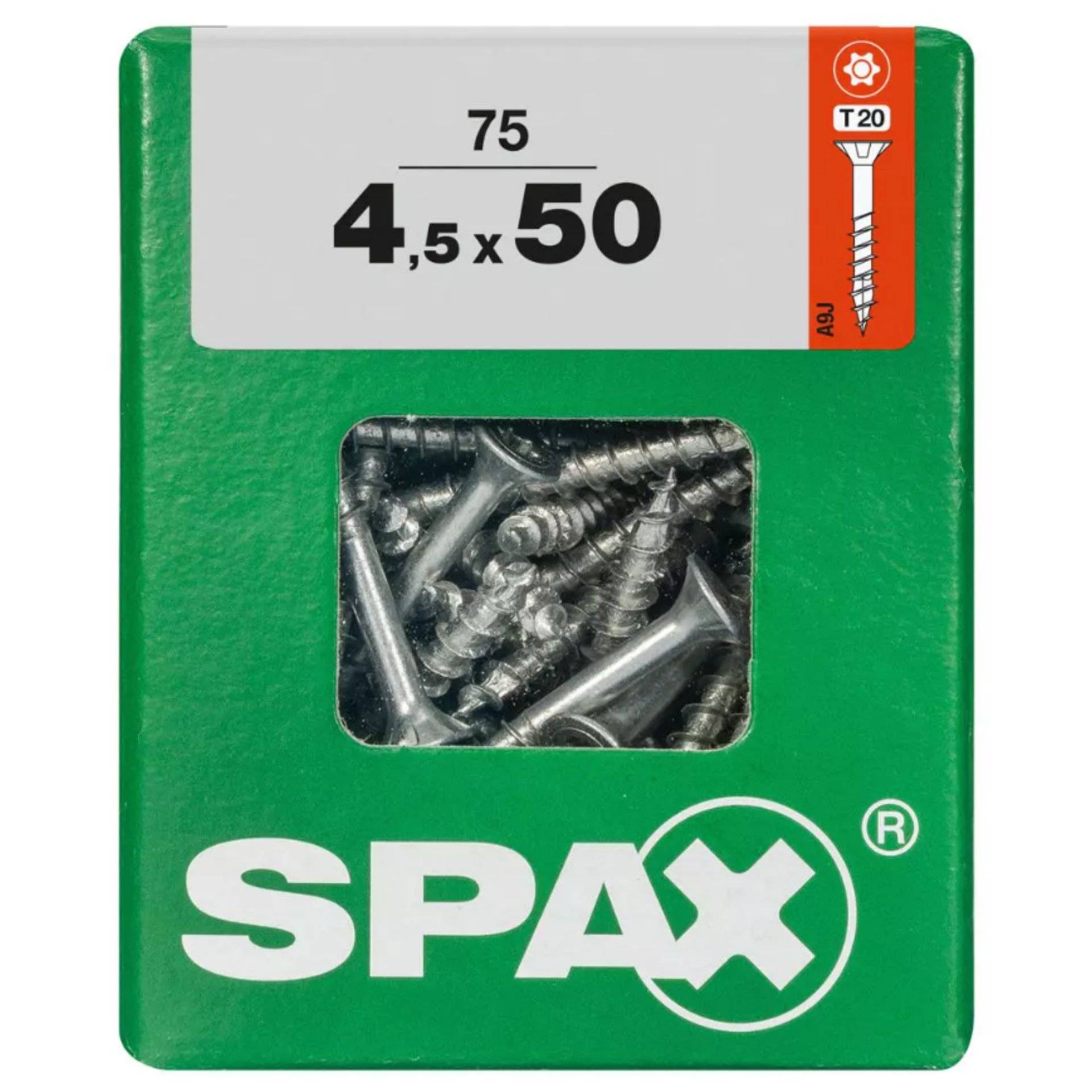 SPAX' Packung mit 75 Schrauben, Größe 4,5 x 50 mm, T20 Antrieb.