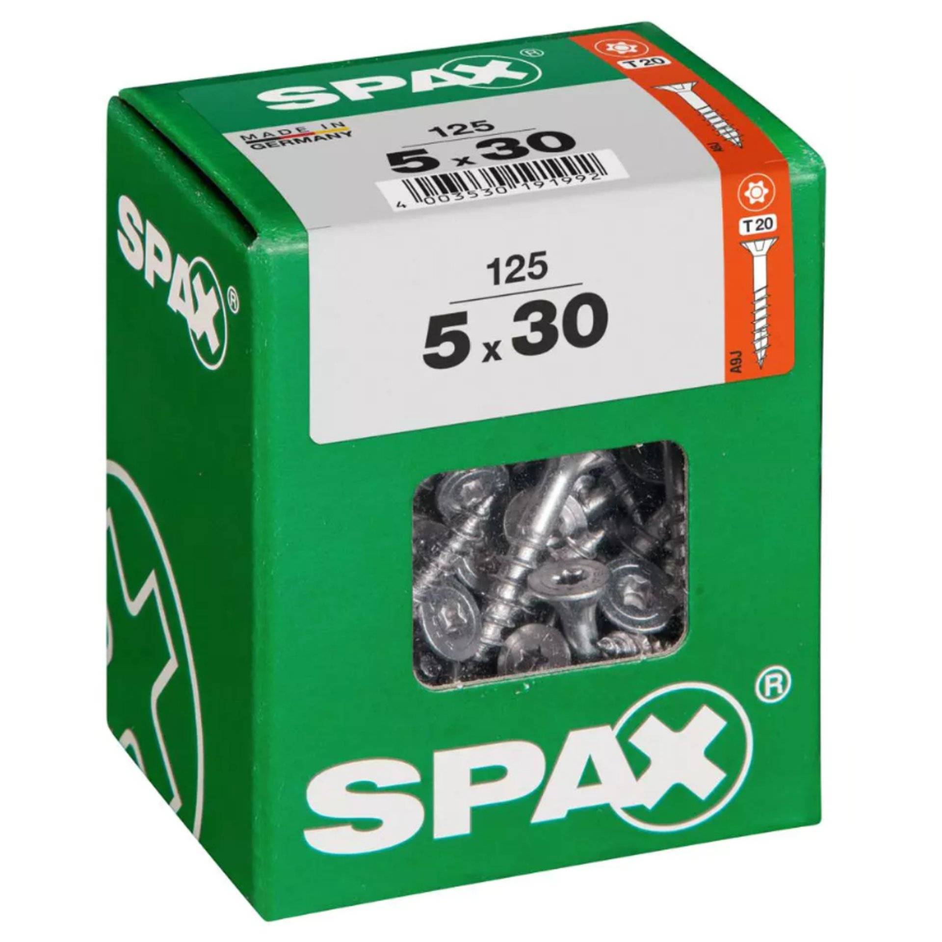 Packung SPAX-Schrauben, grüne Verpackung, gekennzeichnet mit „125 5 x 30