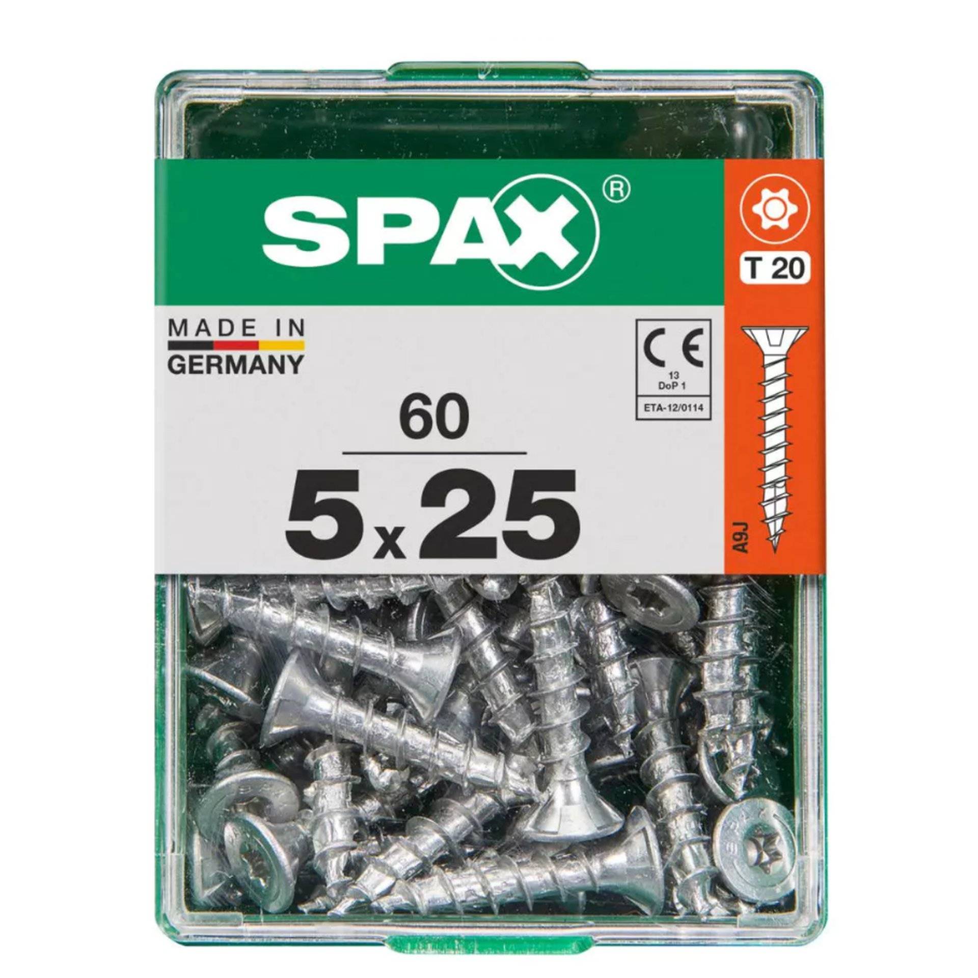 Schachtel mit SPAX-Schrauben, 5 x 25 mm, 60 Stück, Made in Germany, mit T20-Kopfcode.