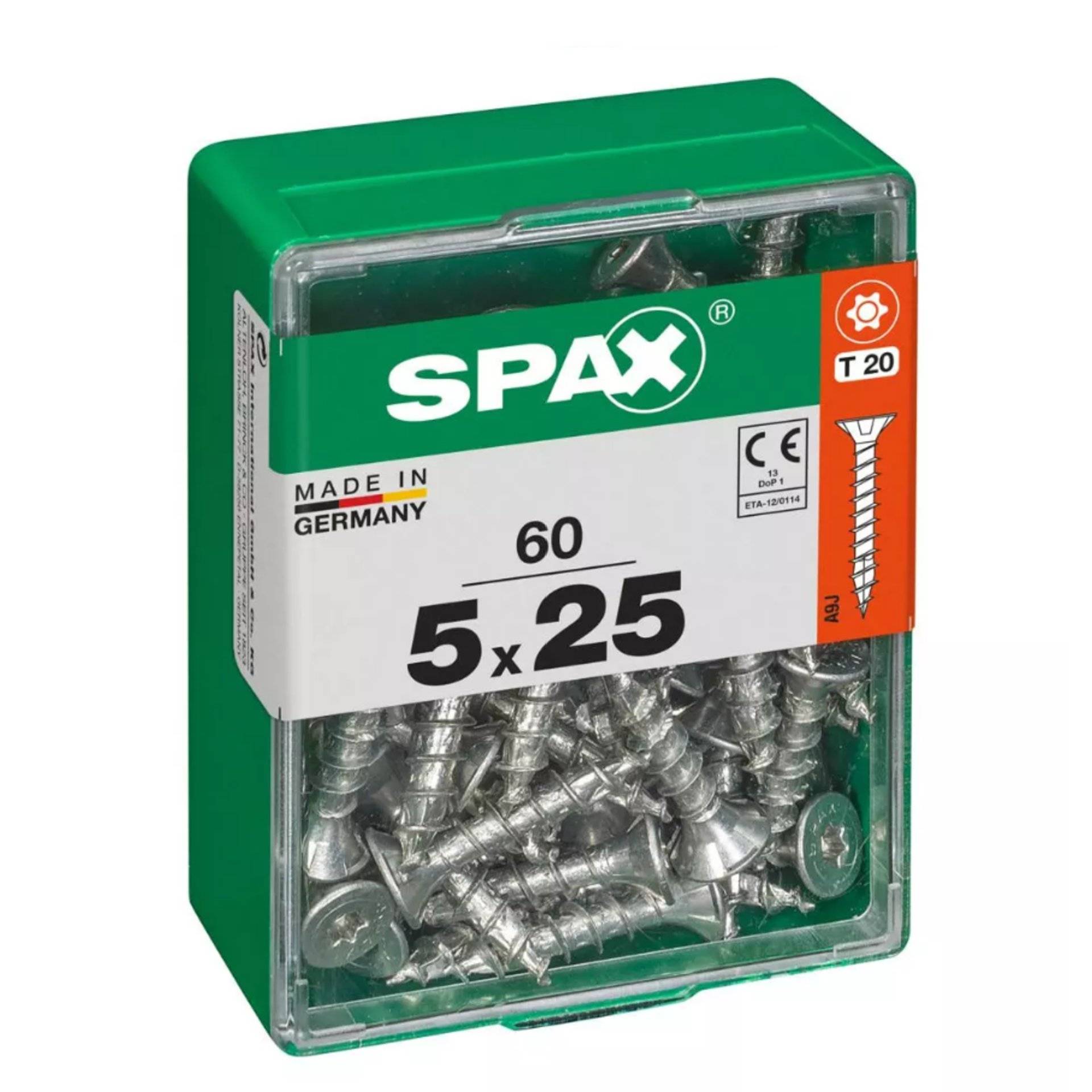 Karton mit SPAX-Schrauben, Made in Germany, Größe 5x25 mm, Kopftyp T20, Menge 60 Stück.