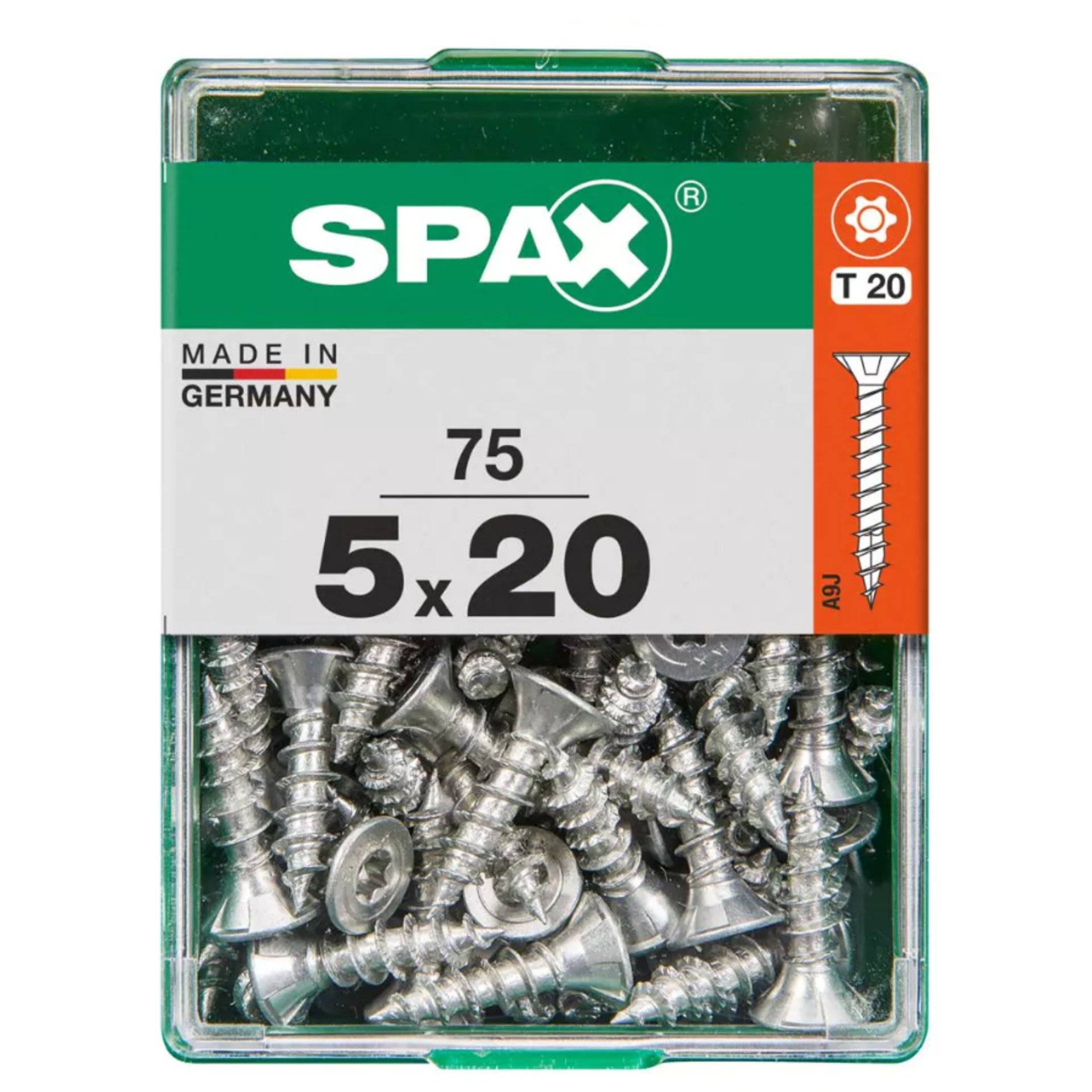 Eine Packung mit 75 SPAX-Schrauben, Größe 5x20 mm, hergestellt in Deutschland, verpackt in einem transparenten Behälter mit Produktdetails auf der Vorderseite.