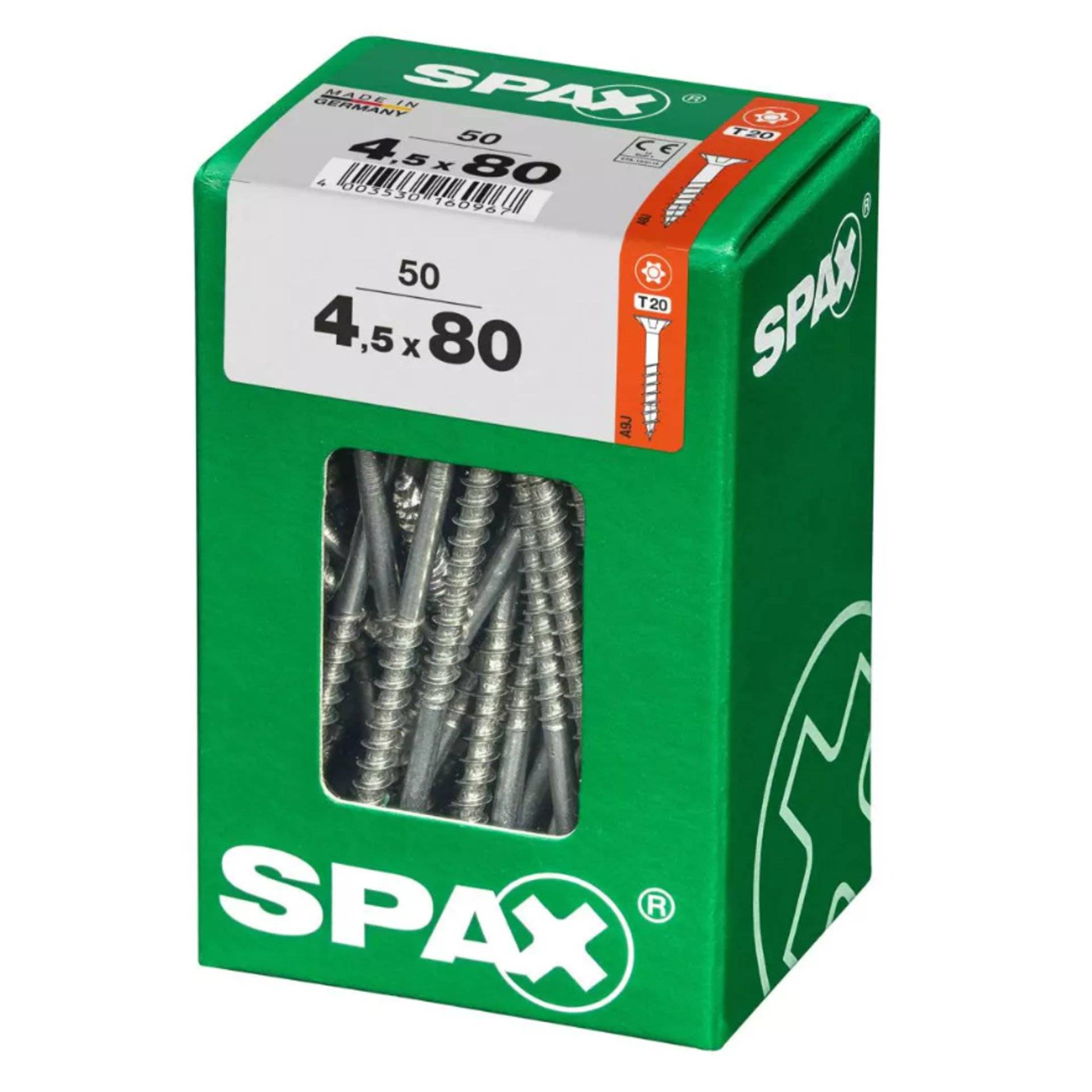 SPAX' markierte grüne Schachtel mit 50 Schrauben, gekennzeichnet mit '4,5 x 80'.