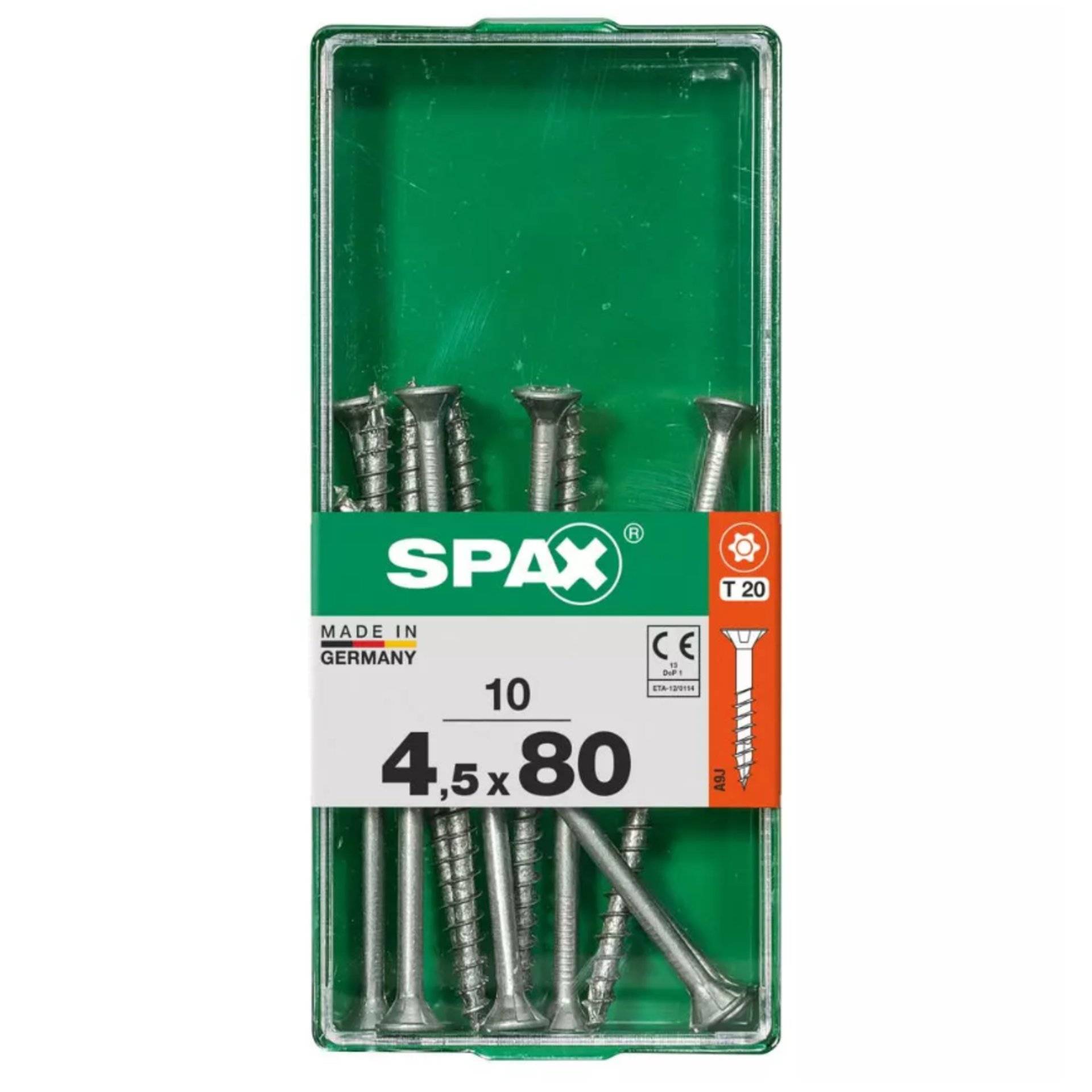 Schachtel mit SPAX-Schrauben, Größe 4,5 x 80 mm, T20, mit CE-Kennzeichnung. Enthält 10 Schrauben, gekennzeichnet mit „Made in Germany