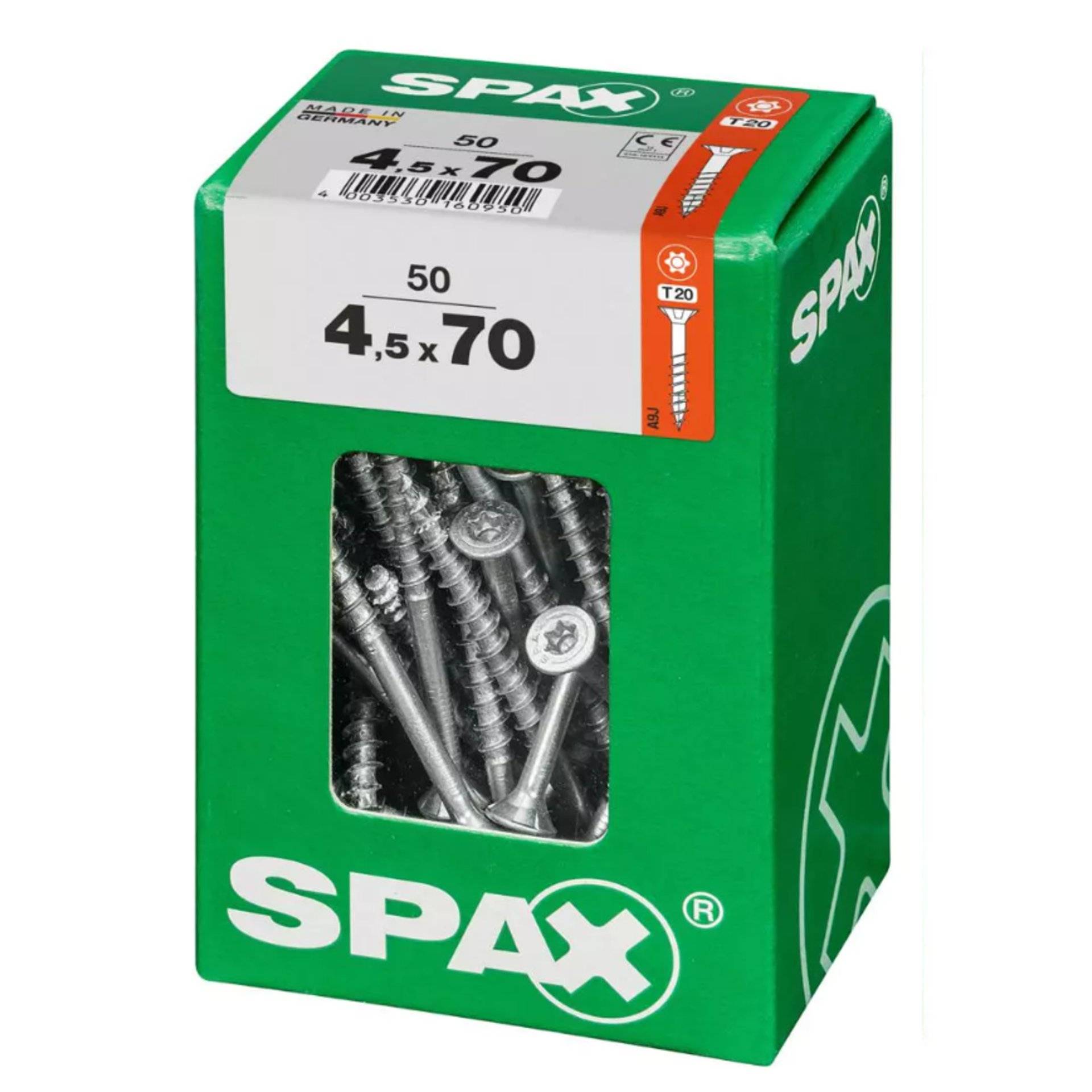 Ein Karton mit 50 Spax-Schrauben, Größe 4,5 x 70 mm, mit Torx-T20-Kopf. Die Verpackung ist grün mit dem prominently angezeigten Spax-Logo.