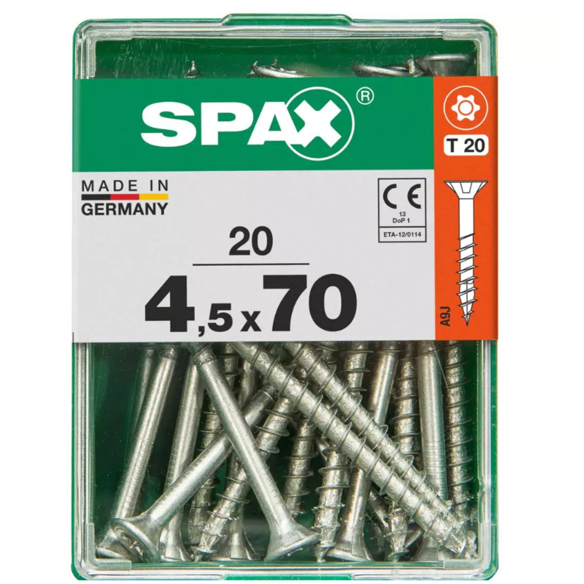 Eine Schachtel Spax-Schrauben, 4,5x70 mm, hergestellt in Deutschland, gekennzeichnet mit T 20, enthaltend 20 Schrauben mit CE-Kennzeichnung.