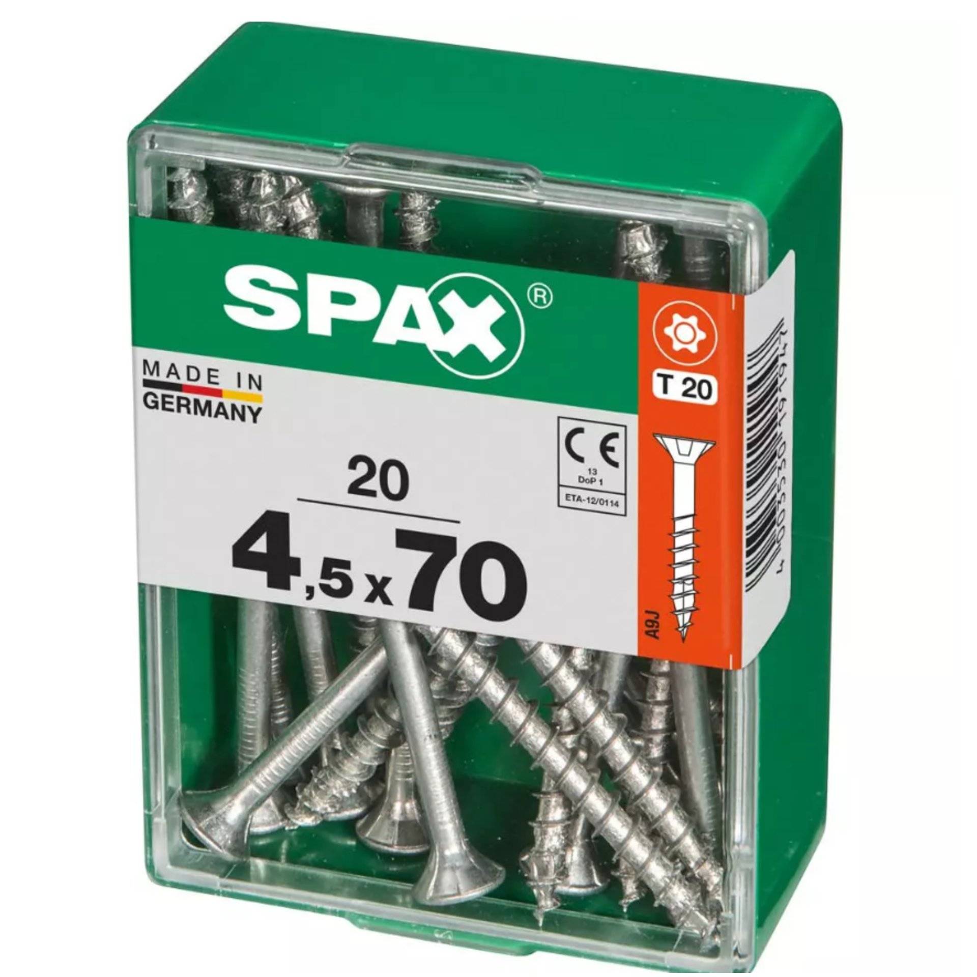 Eine grüne Box mit silbernen Schrauben mit der Bezeichnung „SPAX