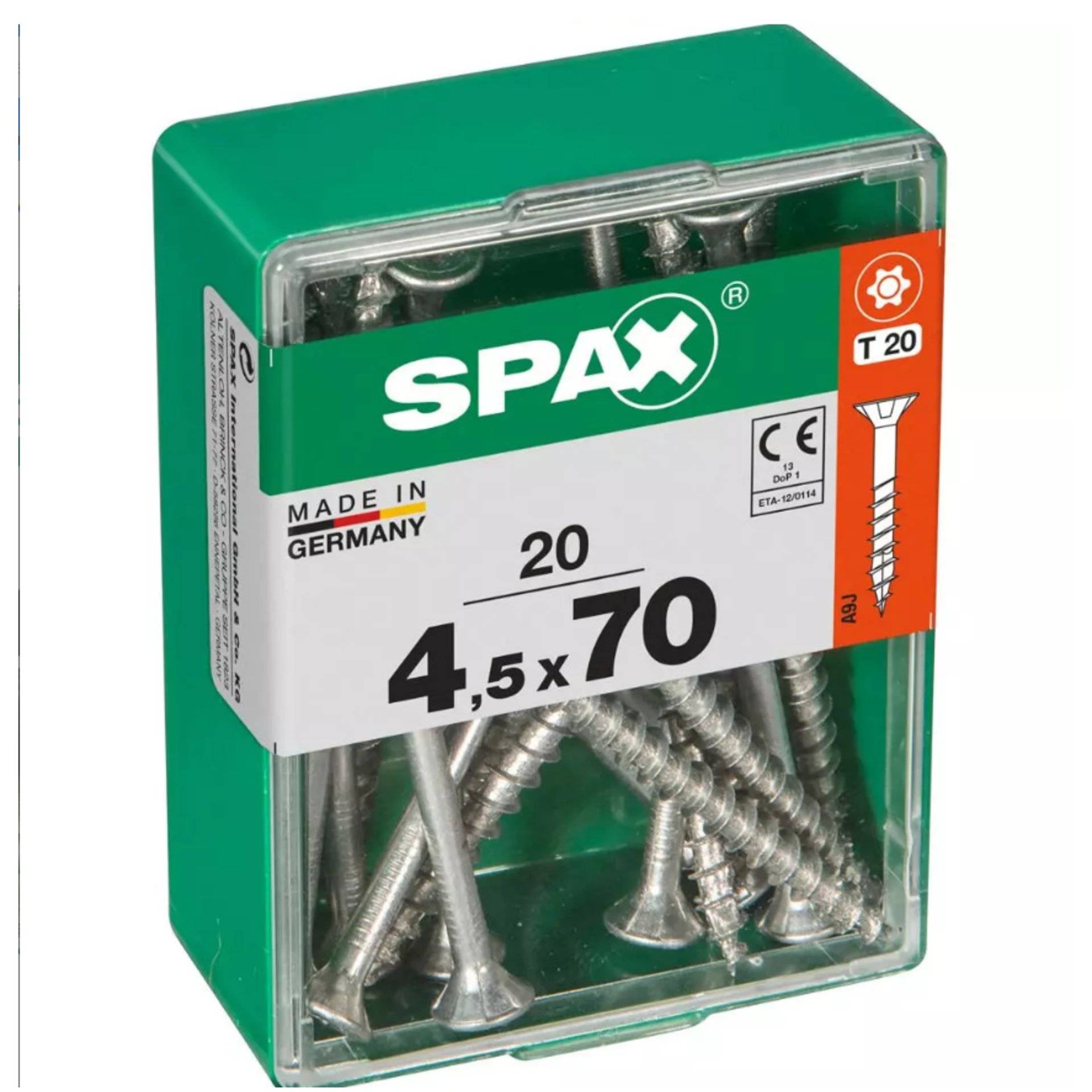 Karton mit SPAX-Schrauben, 20 Stück, Größe 4,5 x 70 mm, T 20. Hergestellt in Deutschland.