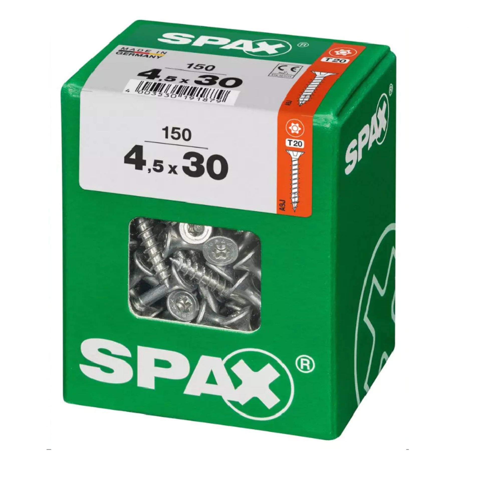 Eine grüne Schachtel SPAX-Schrauben mit der Aufschrift „4,5 x 30