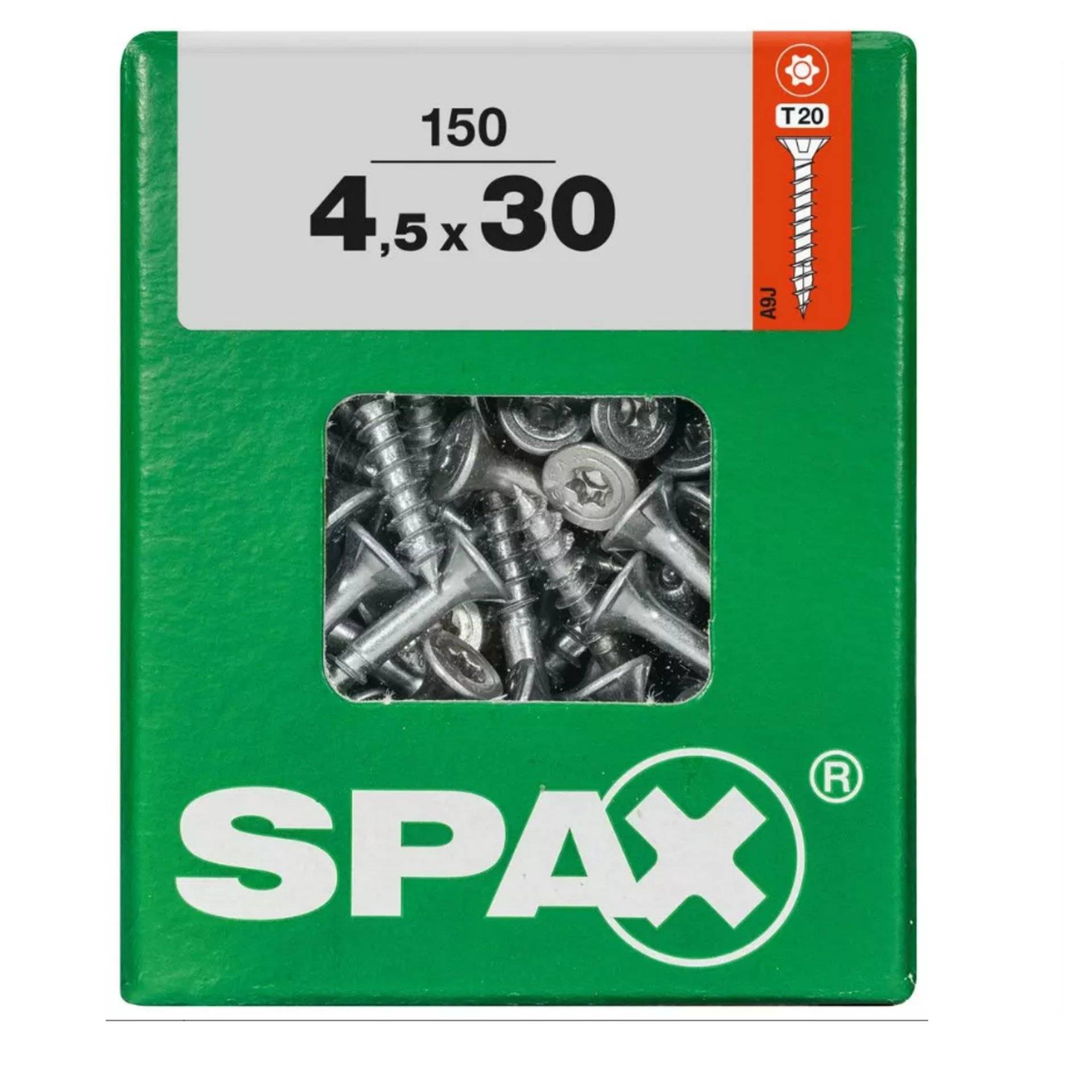 Packung mit 150 SPAX-Schrauben, 4,5 x 30 mm, T20-Kopf, sichtbar durch ein durchsichtiges Fenster auf der grünen Verpackung.