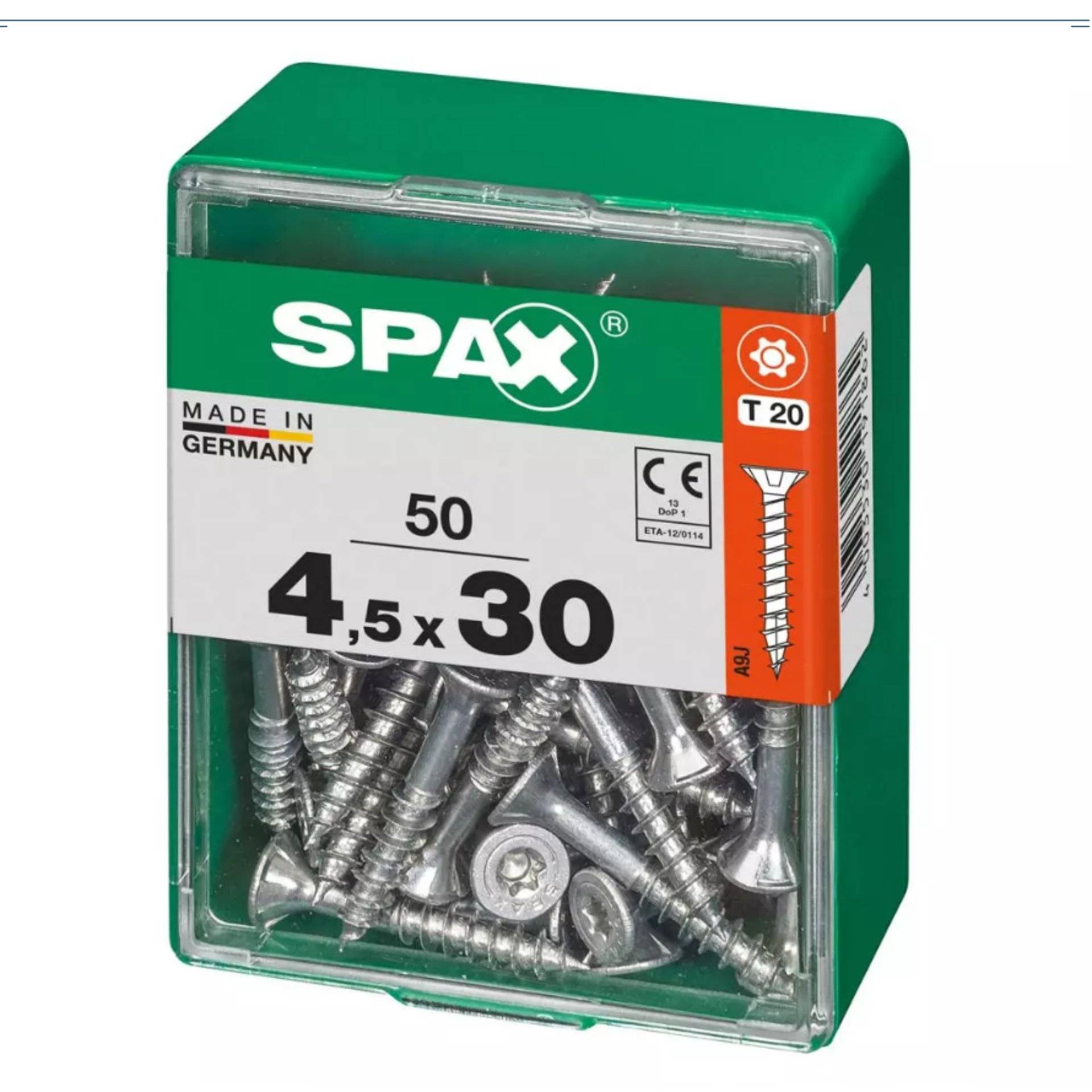 Eine Schachtel mit 50 silbernen SPAX-Schrauben, Größe 4,5 x 30 mm, mit T20-Antrieb, gekennzeichnet mit 