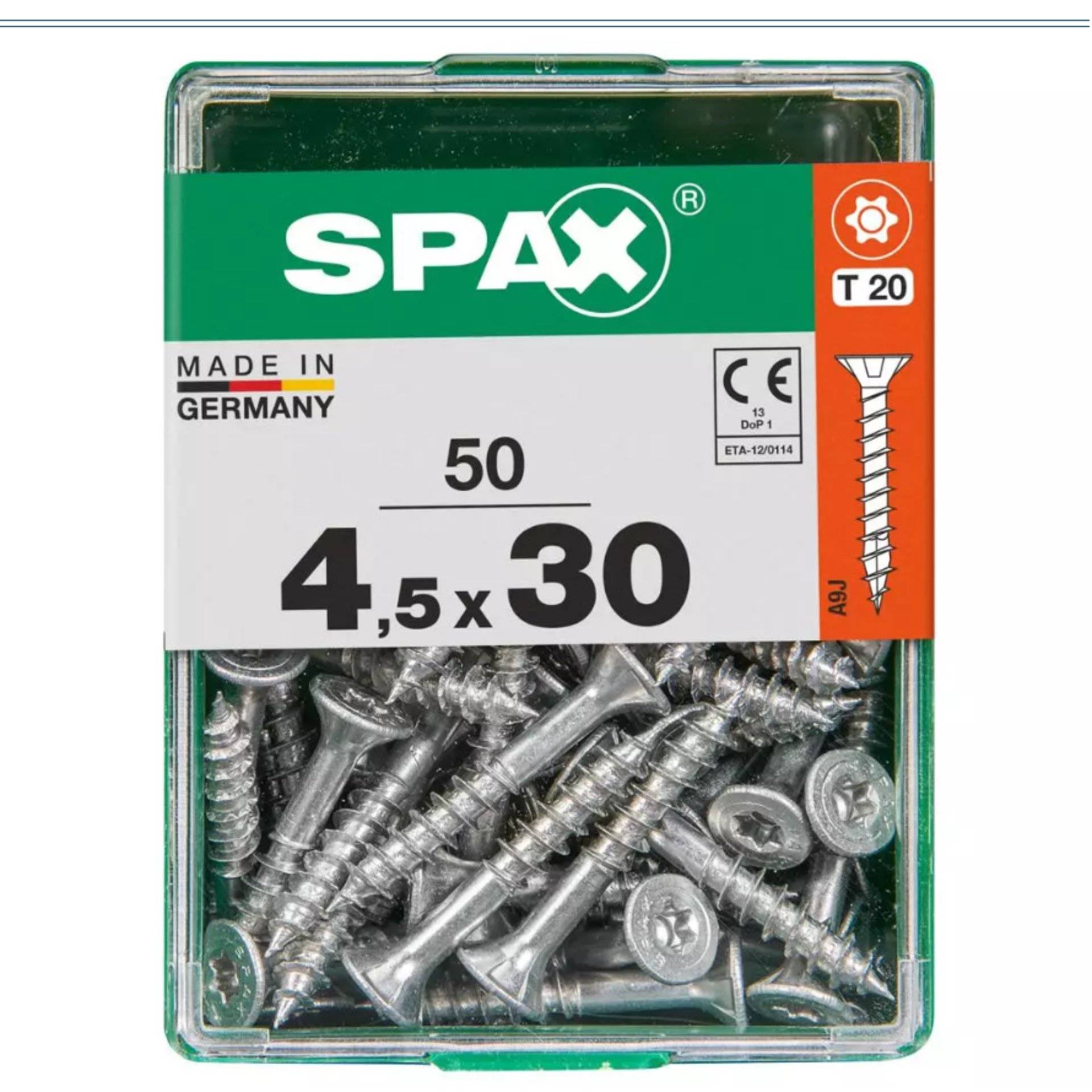 Eine Kunststoffbox mit Metallschrauben mit der Aufschrift „SPAX, Made in Germany, 4,5x30, 50 Stück.
