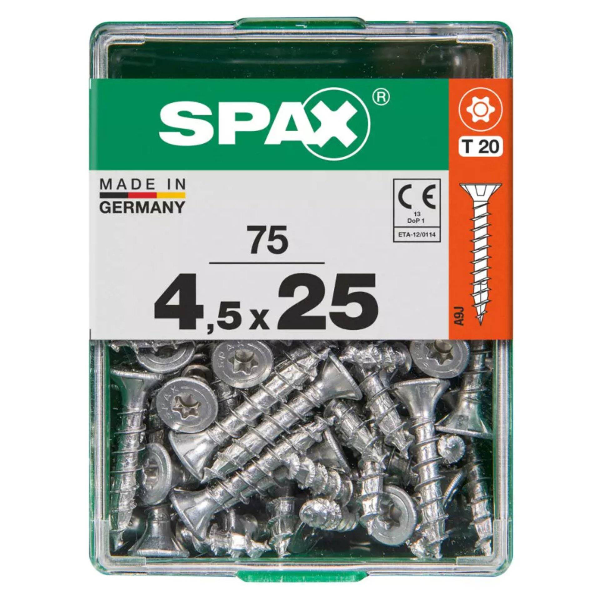 Packung mit 75 SPAX-Schrauben, Größe 4,5 x 25 mm, mit T20-Antrieb. Hergestellt in Deutschland. CE-gekennzeichnet, geeignet für Holzanwendungen.