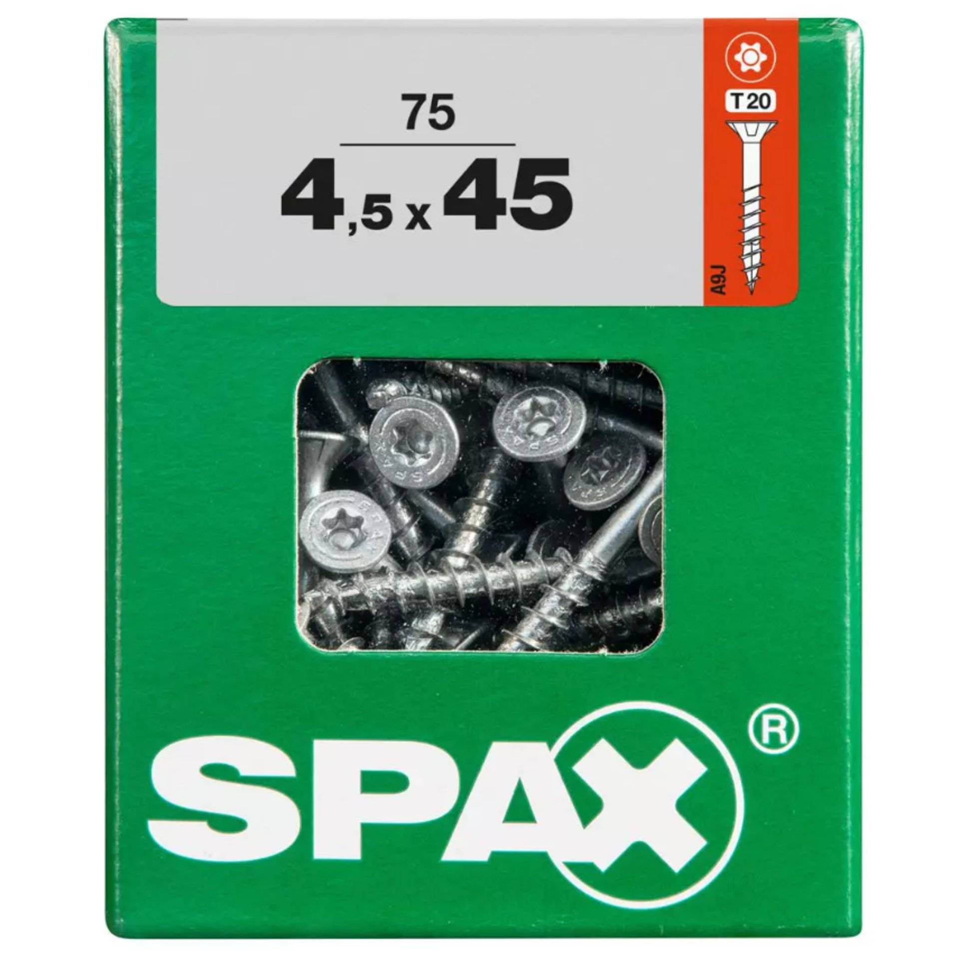 Eine grüne Schachtel mit SPAX-Schrauben, gekennzeichnet mit '75 4,5 x 45', enthält sichtbare silberfarbene Schrauben. Das T20-Symbol zeigt den Schraubentyp an.