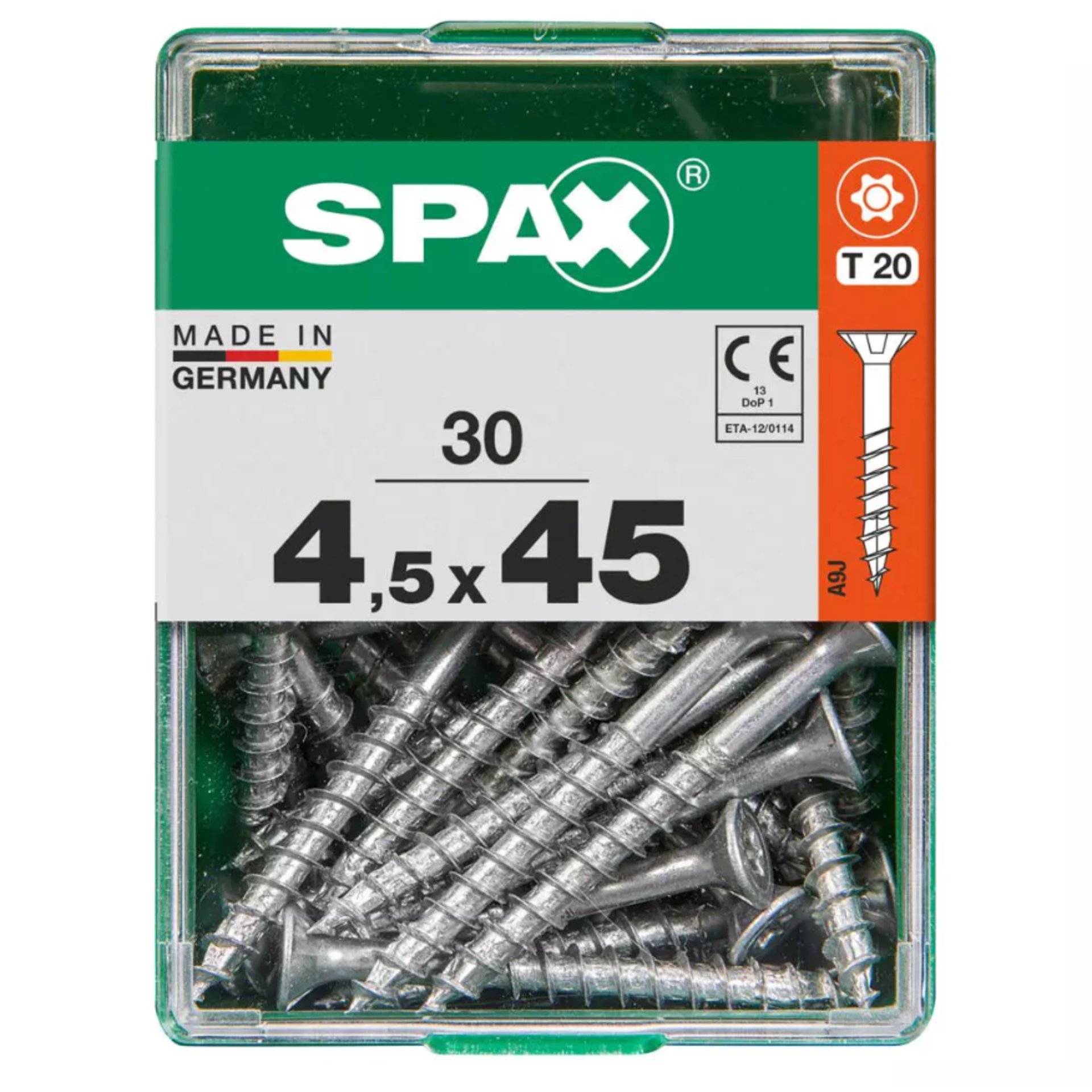 Eine Schachtel mit 30 SPAX-Schrauben, Größe 4,5 x 45 mm, hergestellt in Deutschland, mit T20-Antrieb.