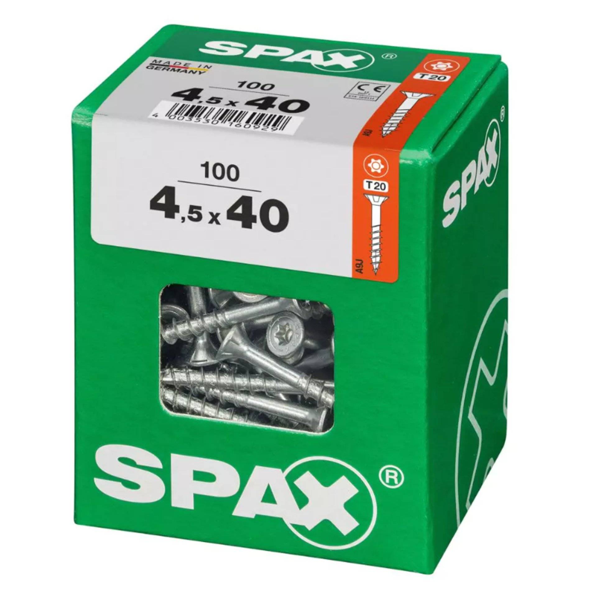 Grüne Schachtel mit SPAX-Schrauben, beschriftet mit „4,5 x 40