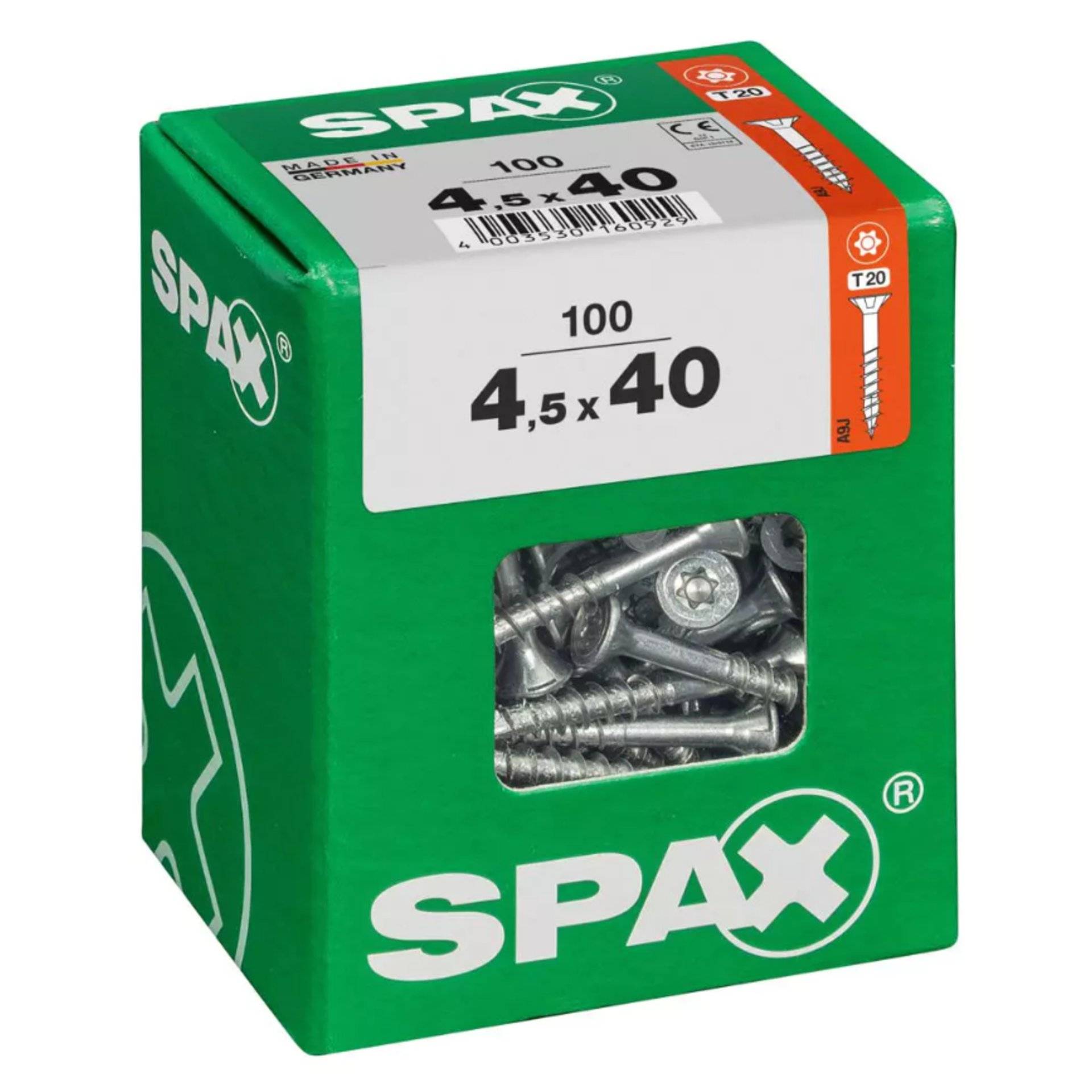Box mit SPAX-Schrauben, Größe 4,5 x 40 mm, enthaltend 100 Stück. Grüne Verpackung mit sichtbaren Schrauben durch ein Kunststofffenster auf der Vorderseite.