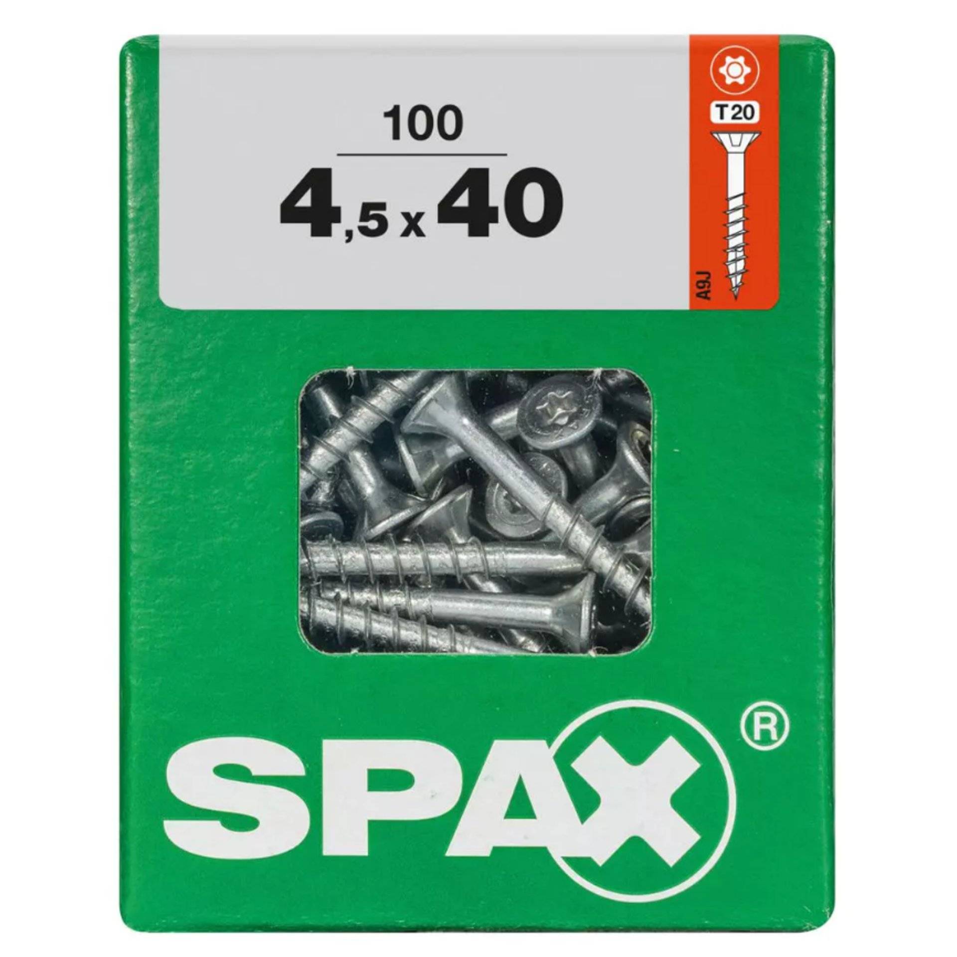 Karton mit 100 SPAX-Schrauben, Größe 4,5 x 40 mm, mit T20-Köpfen.