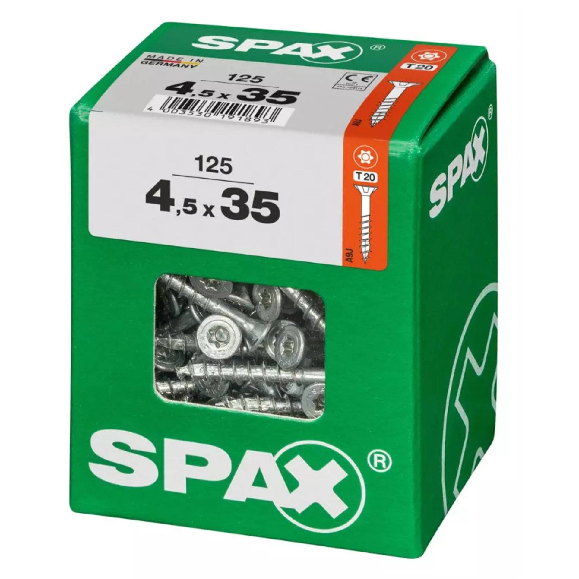 Box mit 125 SPAX-Schrauben, 4,5 x 35 mm, mit T20-Antrieb, grüne Verpackung.
