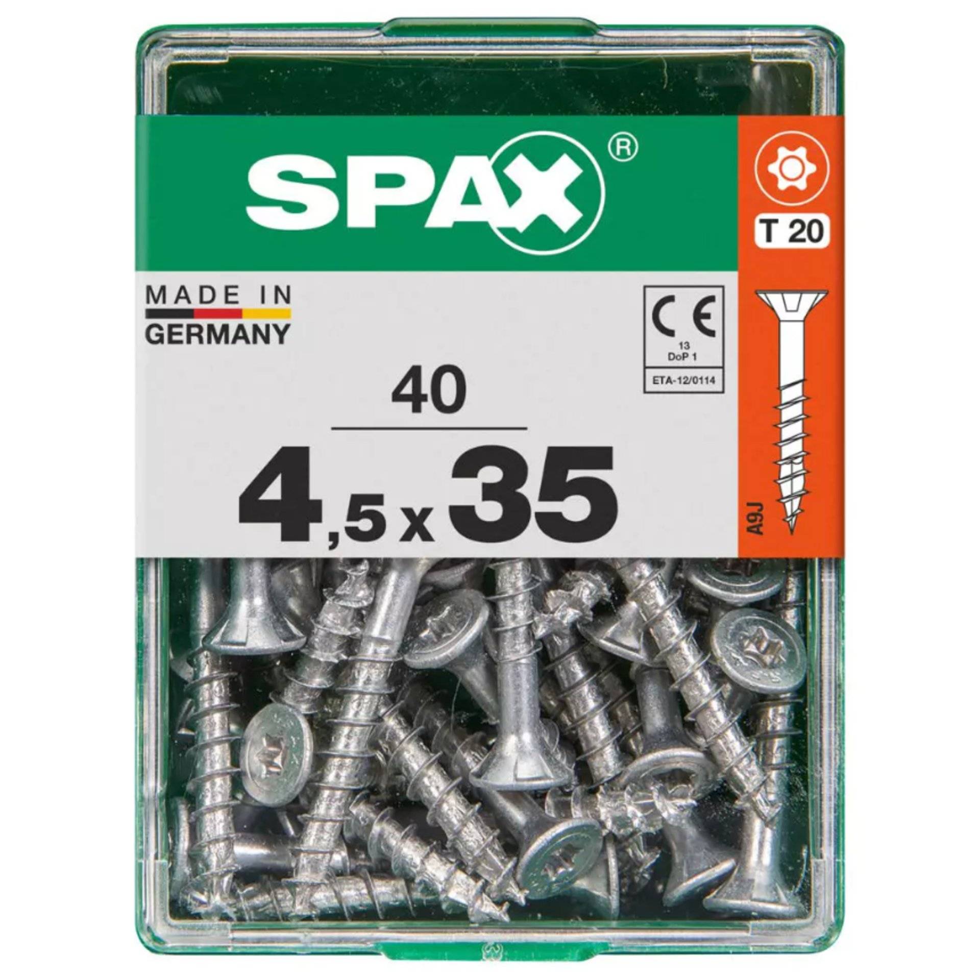 Packung mit 40 SPAX-Schrauben, Größe 4,5 x 35 mm, Made in Germany.