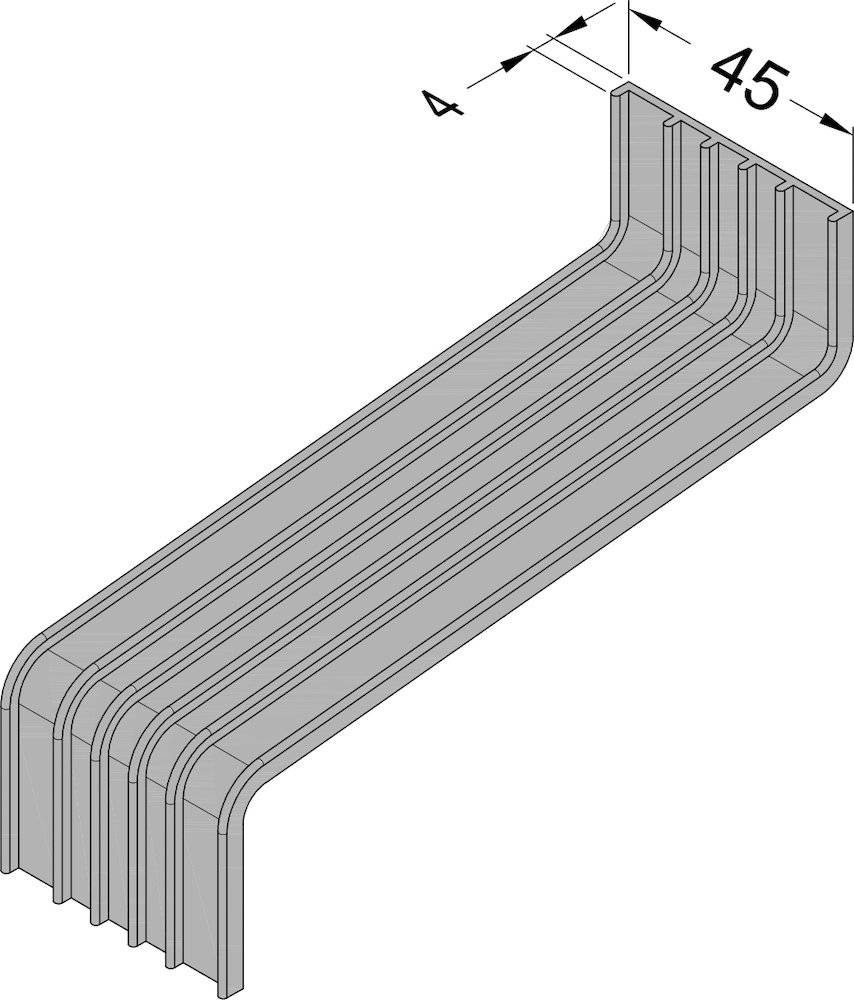 Isometrische Zeichnung eines Metallkanals mit einer Höhe von 5 Einheiten und einer Breite von 4 Einheiten, die parallele innere und äußere Oberflächen zeigt.