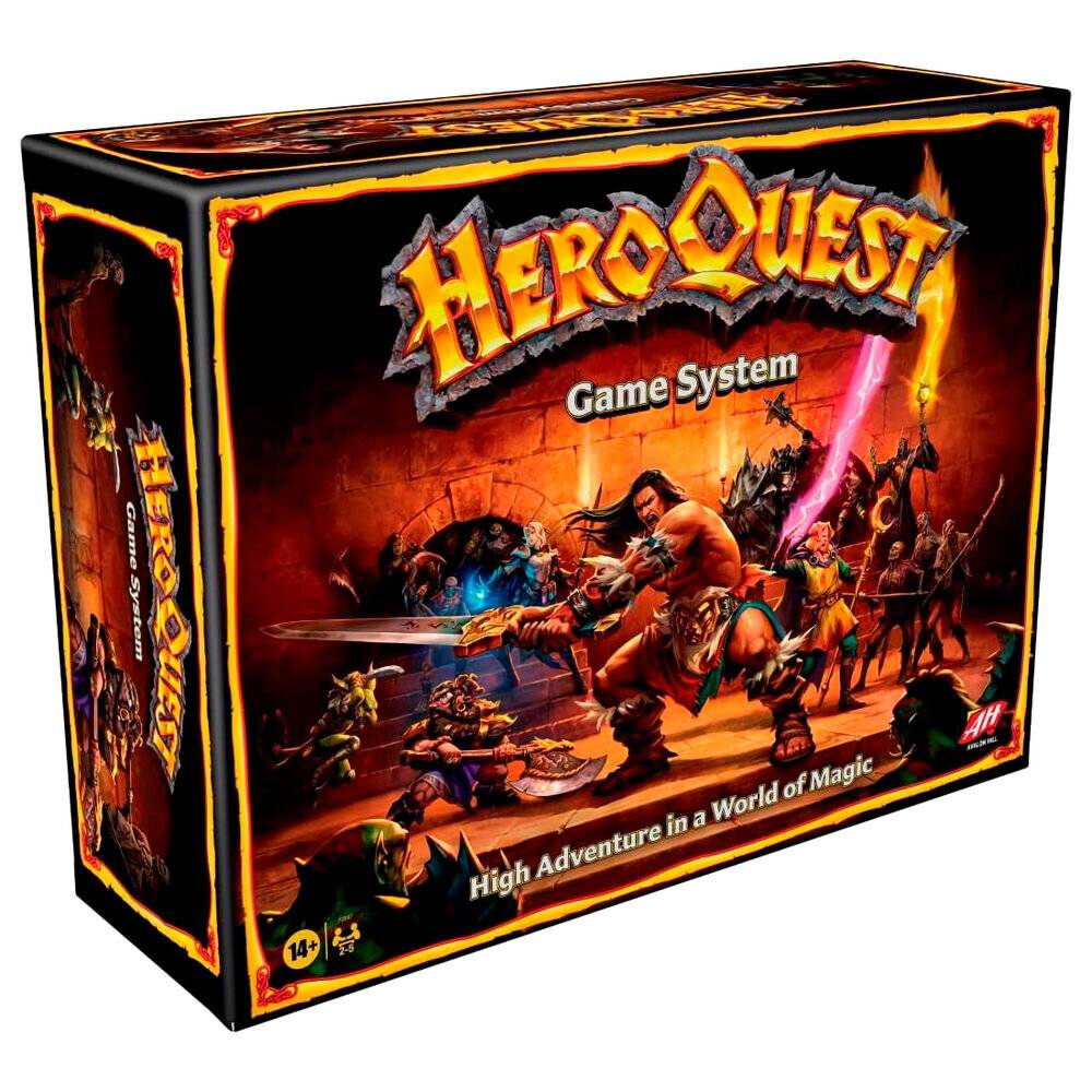HEROQUEST' Brettspielbox, die Krieger, einen Zauberer und Kreaturen in einer Fantasy-Kampfszene zeigt. Text lautet: 