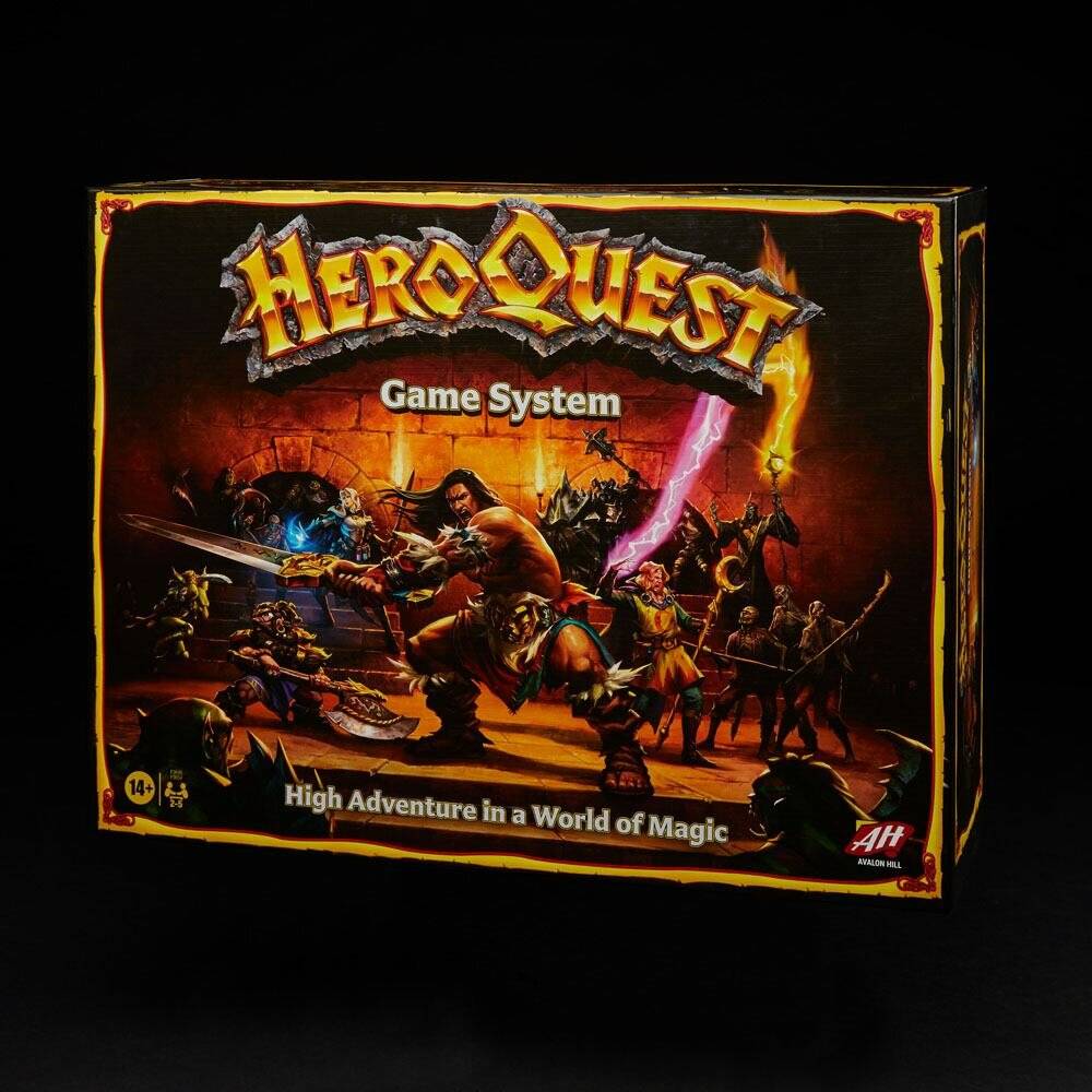 HeroQuest' Brettspiel-Box mit Fantasy-Charakteren in einer Dungeon-Umgebung. Text: 'Großes Abenteuer in einer Welt der Magie.' Empfohlenes Alter: 14+.