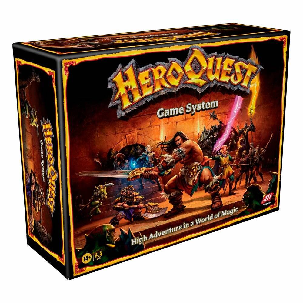 Das Bild zeigt die Spieleschachtel des 'HeroQuest Spielsystems' mit Fantasyfiguren in einer Dungeonumgebung. Der Text lautet 'Hochabenteuerliches in einer Welt der Magie'.